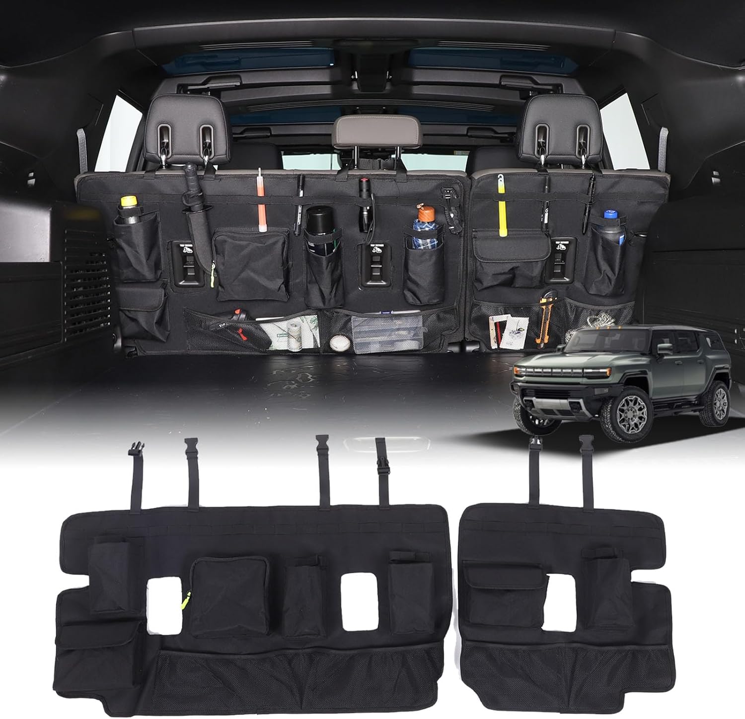 Yinanlutos Trunk Organizer Backseat Hanging Storage Bag Compatible with Hummer EV SUV 2024 2025 2026 Accessories Trunk Foldable Cargo Storage With 11 Pockets Accessories 2PCS