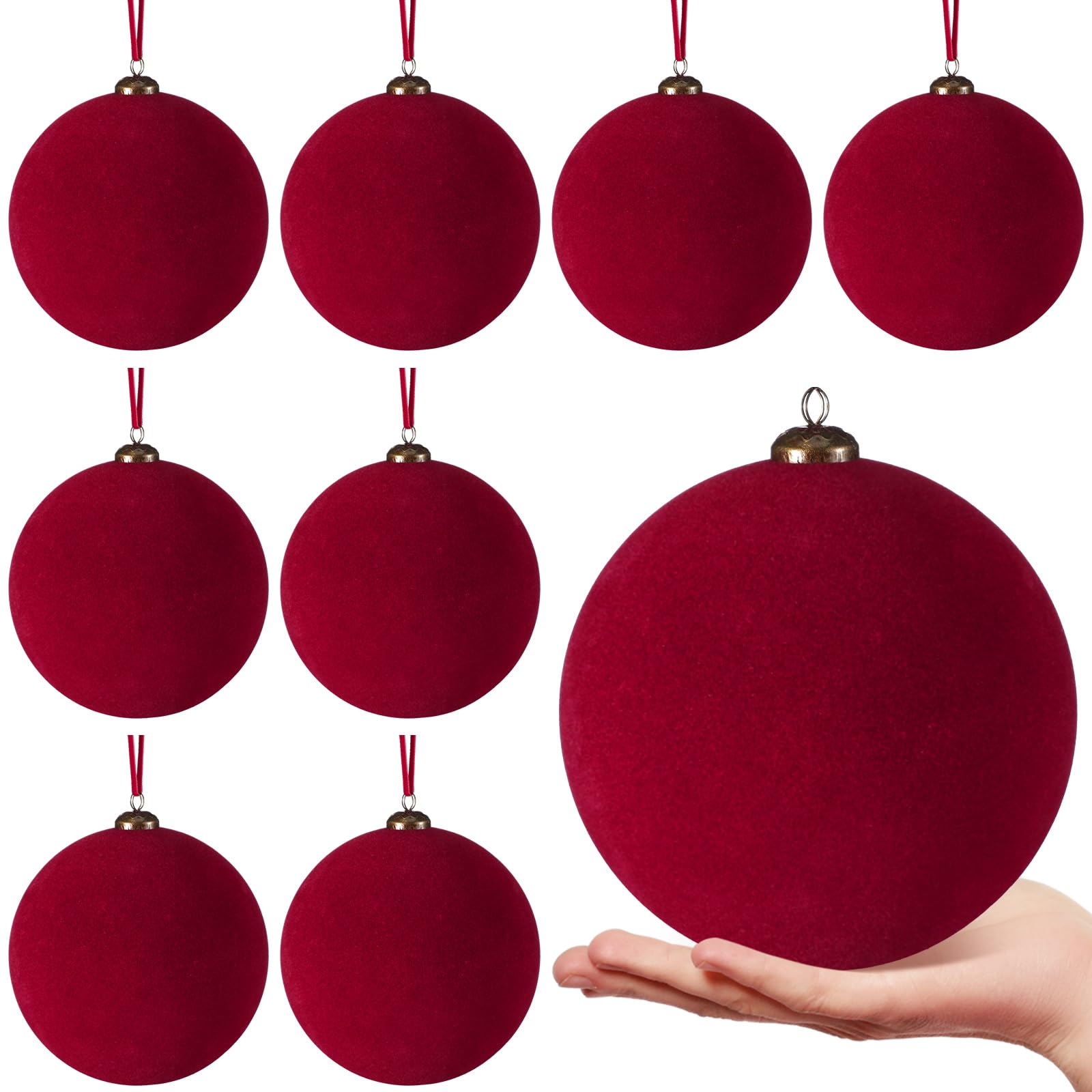 8 Pcs 6 Inch Large Velvet Christmas Ball Ornaments,Wine Red