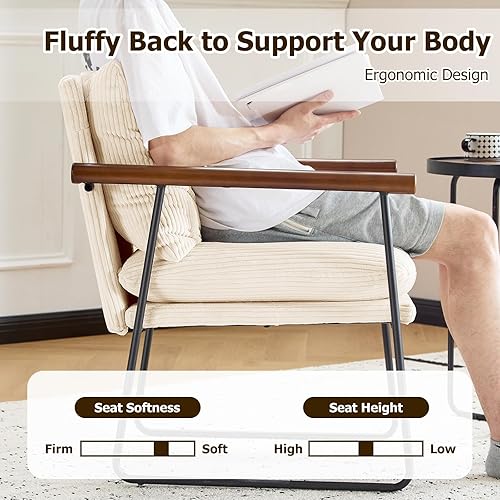 Miniatura 5 de Furniliving Silla decorativa moderna, cómoda silla auxiliar para dormitorio, silla de pana para sala de estar con almohada trasera, silla de lectura