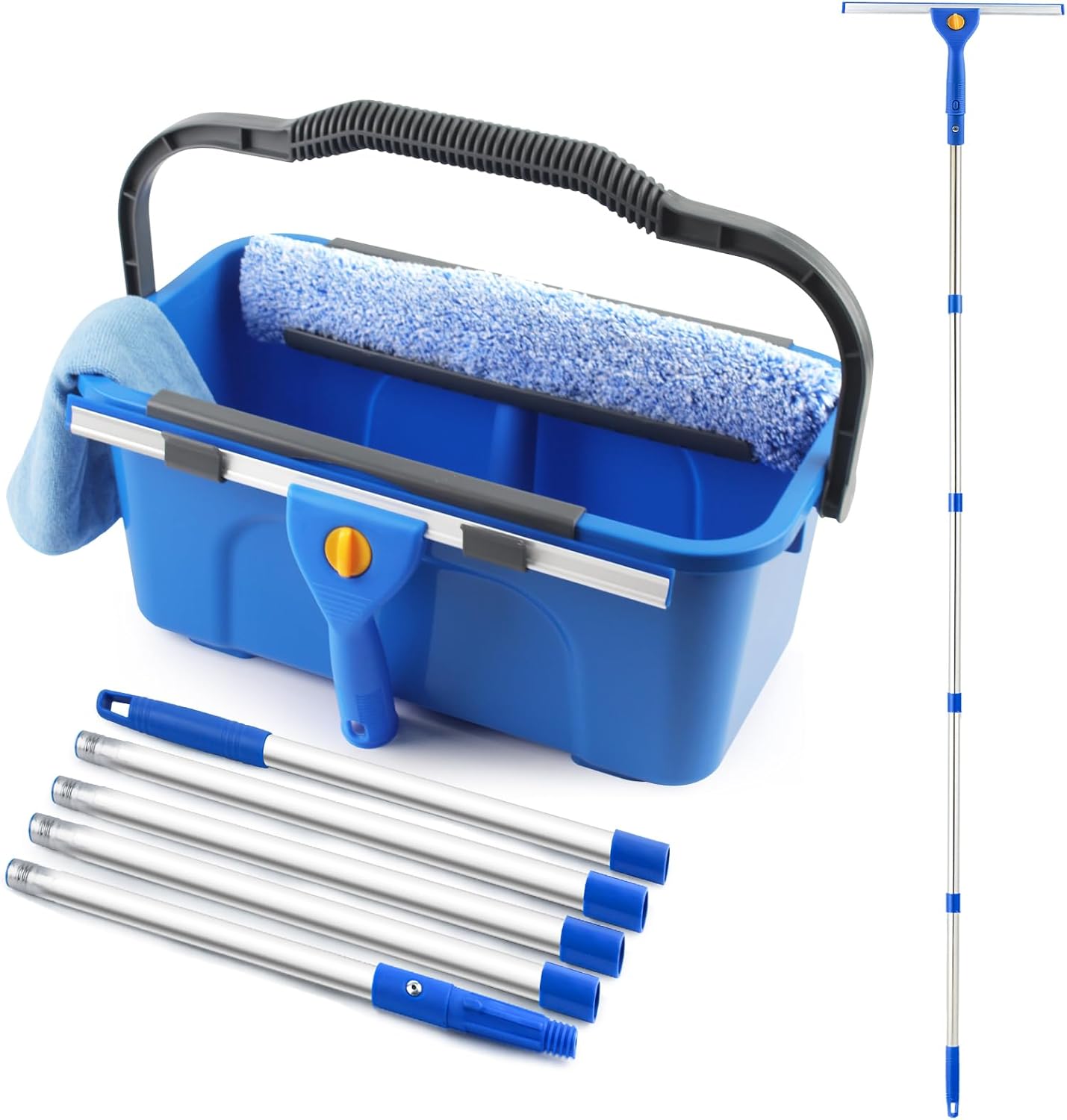 Professional Window Cleaning Kit with Bucket 3 Gallon, 76" Long Handle Window Squeegee and Microfiber Scrubber, High Windows Washing Equipment, Window Cleaner Tool for Commercial, Home, Outdoor, Car
