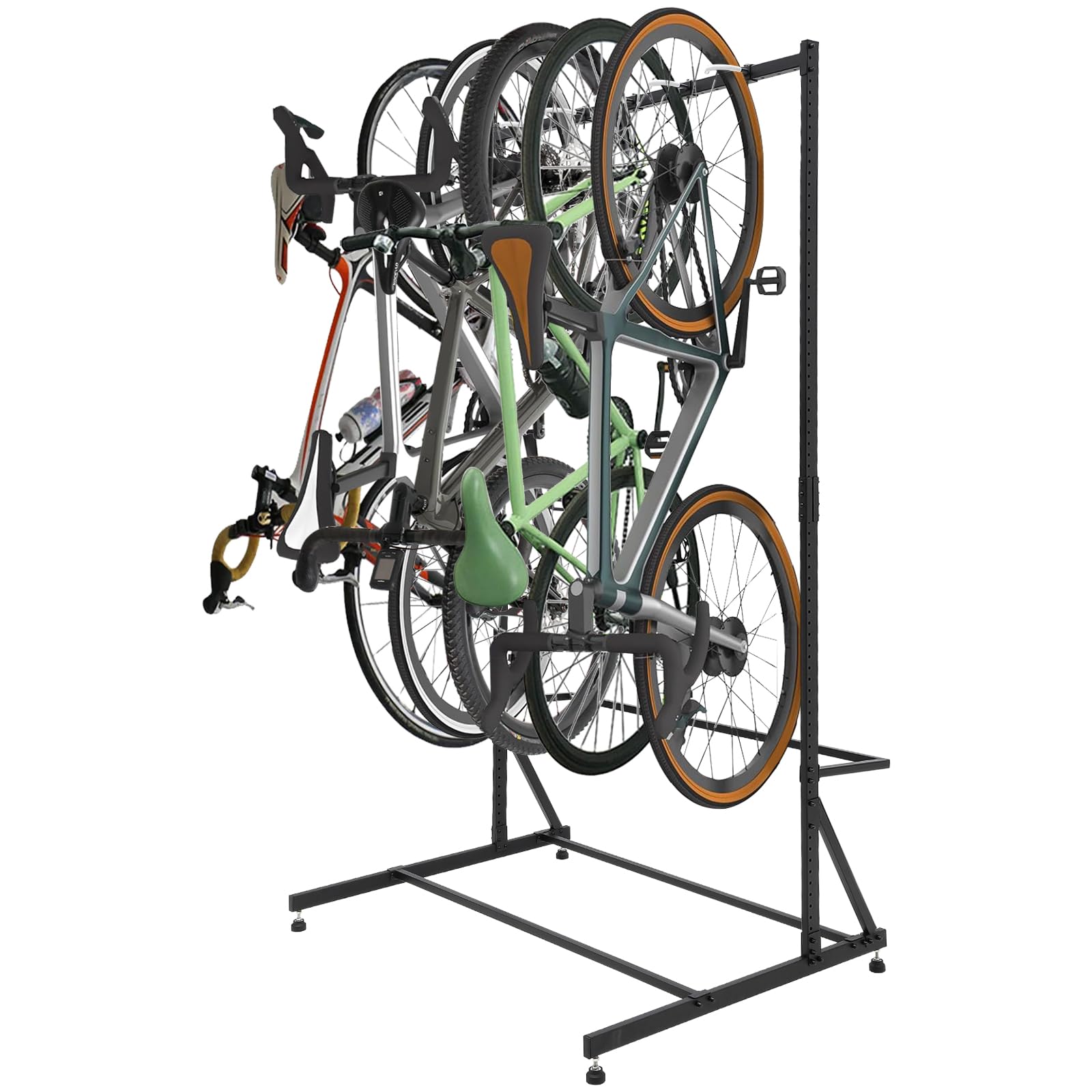 Garvee Soporte de Almacenamiento para 5 Bicicletas Resistente, con Patas Ajustables y Ganchos Recubiertos de PVC, Capacidad 300 lbs (136 kg), Organizador de Acero para Interior y Exterior