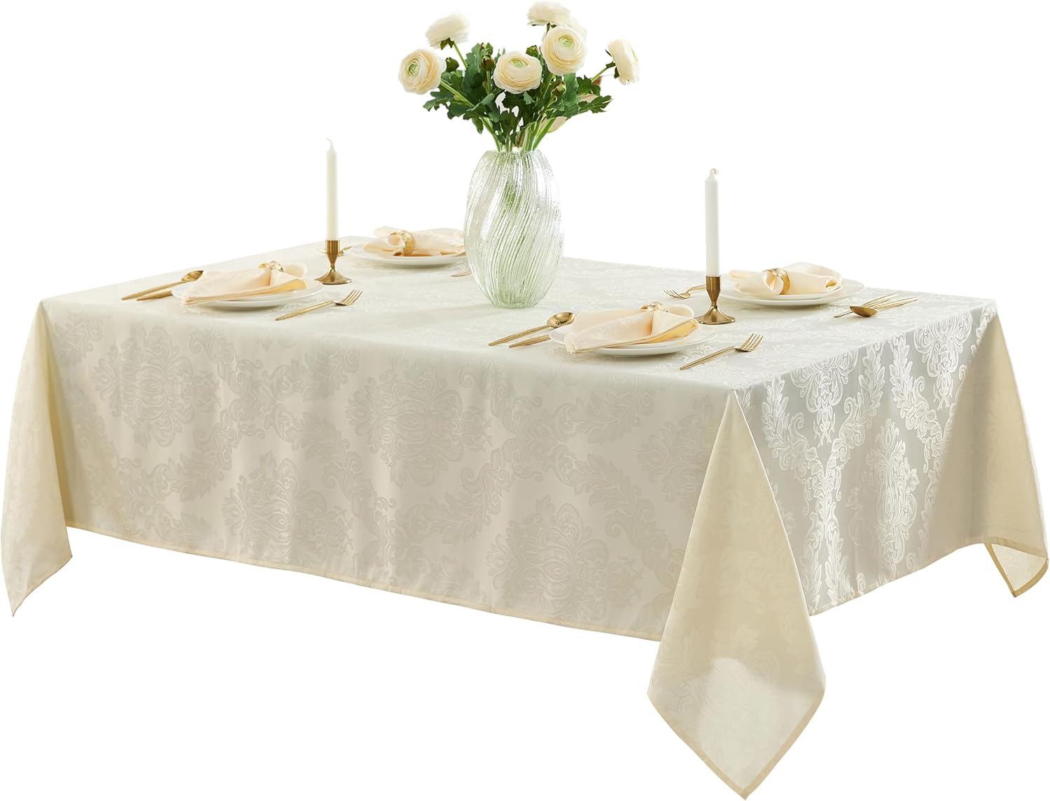 Newbridge Barcelona Luxury Damask Fabric Tablecloth, 60” Wide x 144” Rectangle, Antique White, 100% Polyester, No Iron, Soil Resistant Dining Room, Party and Banquet Table Cover