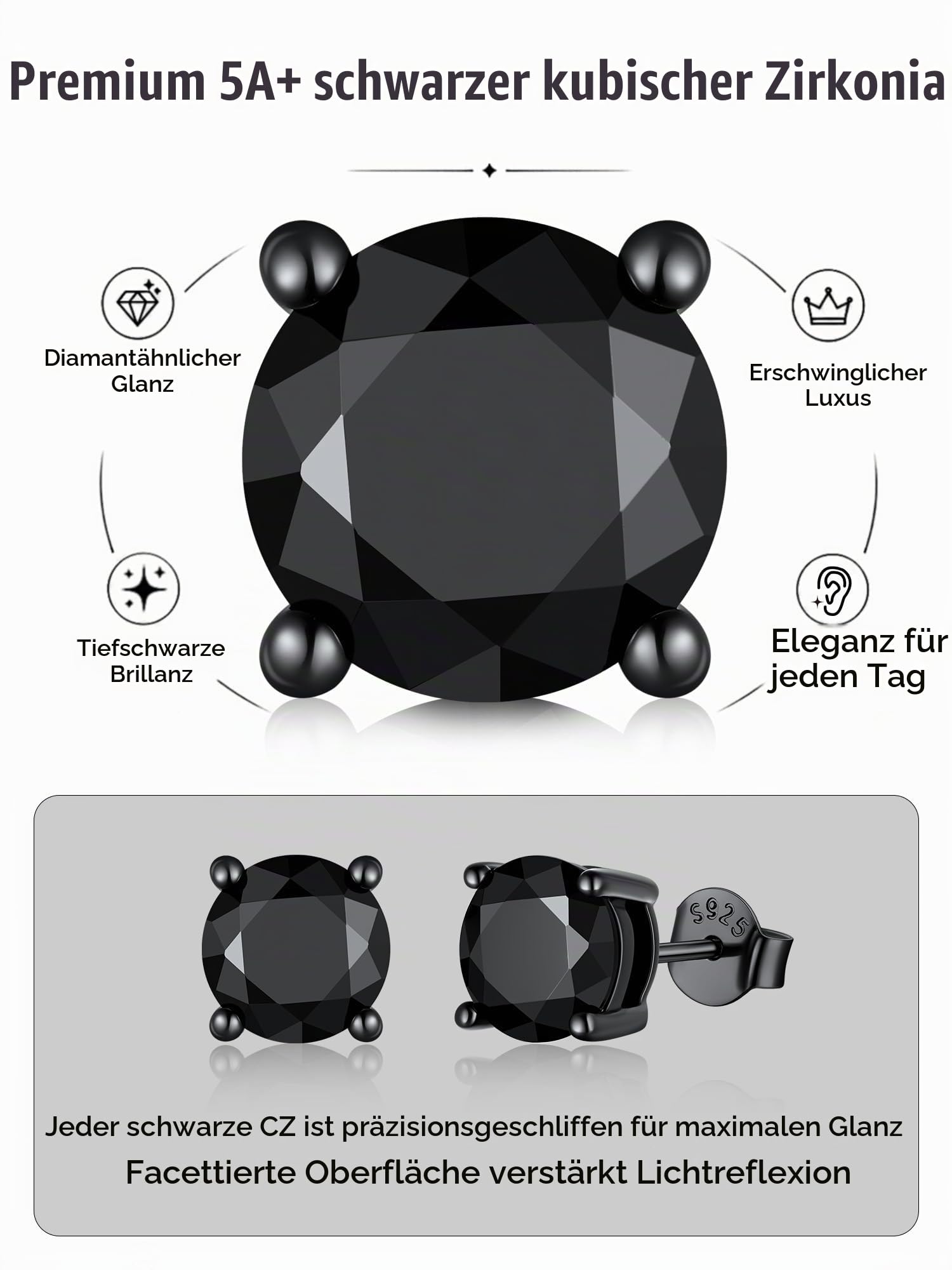 Schwarze Ohrstecker für Herren, Ohrstecker aus 925er Sterlingsilber, hypoallergene runde Zirkonia-Ohrringe als Geburtstagsgeschenk, 5–8 mm