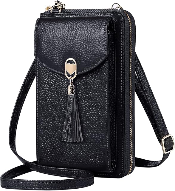 BTNEEU Crossbody Phone Bag Women RFID Blocking Genuine Leather Mobile Phone Bag with 12 Card Slots Multi Compartment Cell Phone Wallet with Zip Coin Pocket Small Shoulder Bag Purse Handbag (Black)