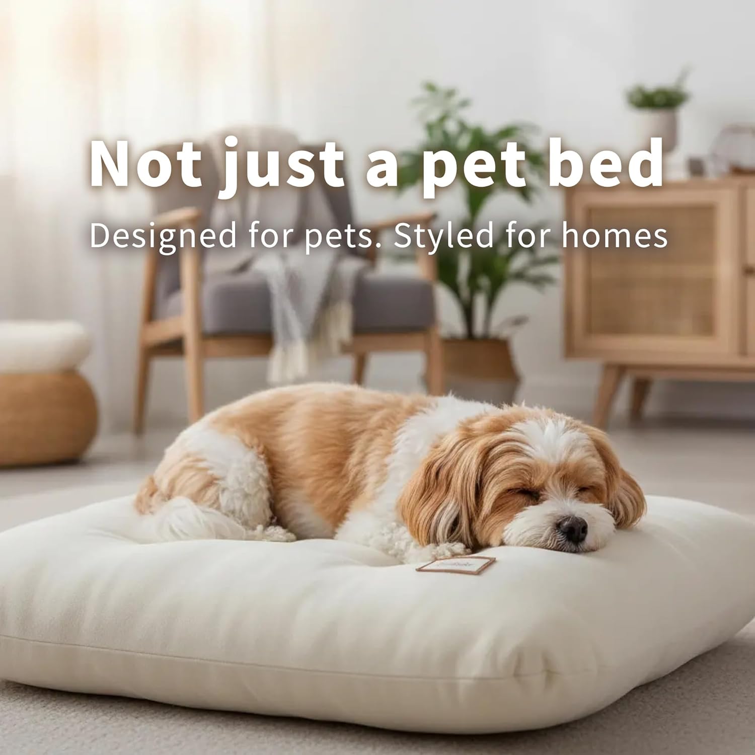 Washable Dog Bed Ultra Soft Plush Dog Crate Mat, Dog Bed for Crate, 3.2" Thick Dog Bed Mat, Kennel Pad for Small and Medium Dogs, 18"x18", Beige