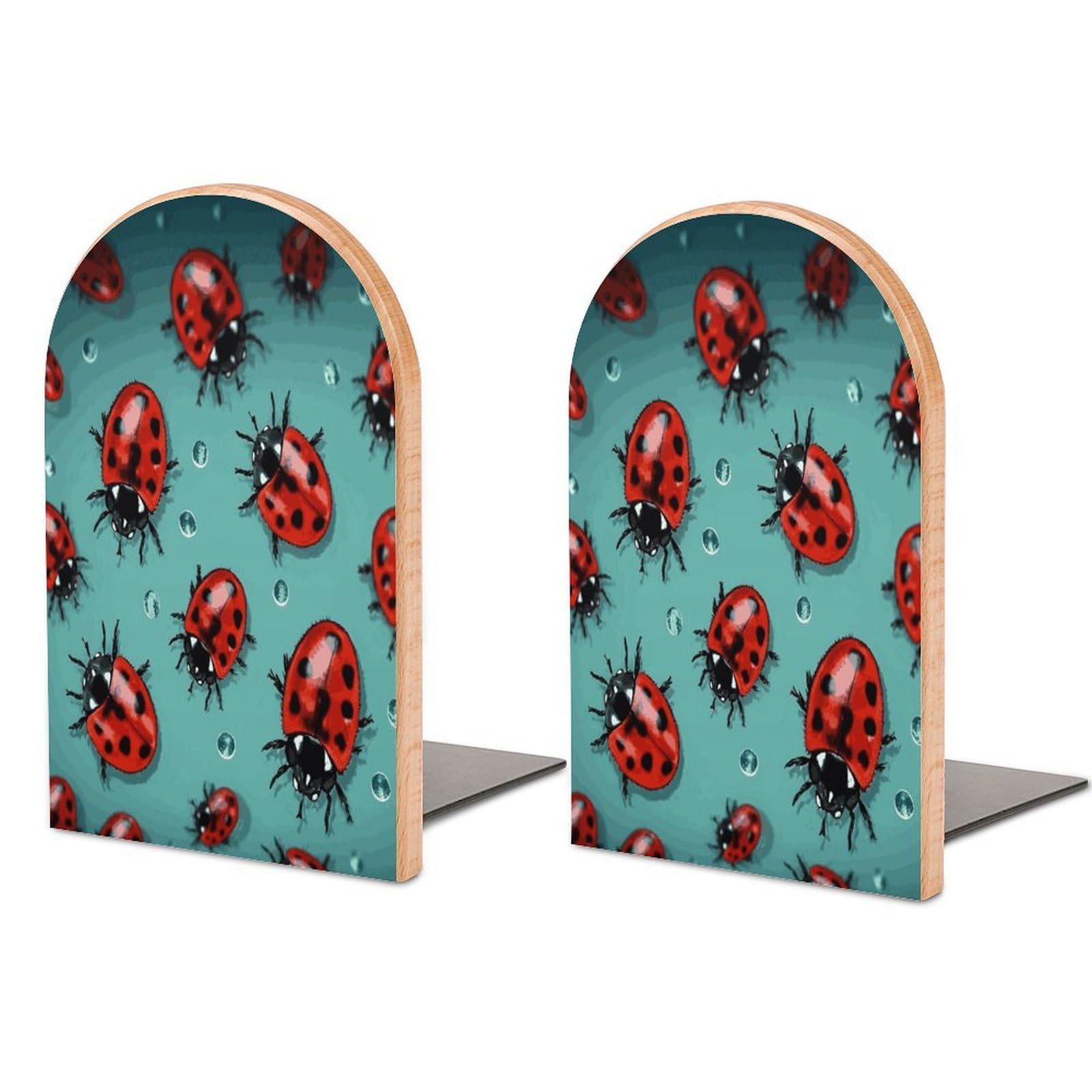 Red Ladybugs On A Blue Background Bookend for Shelves Non-Skid Book Holder Modern Heavy Duty Bookend Stopper Metal Base Wood Book End Books Shelf Holder Home Decorative 1pair 5x3.9x3.1
