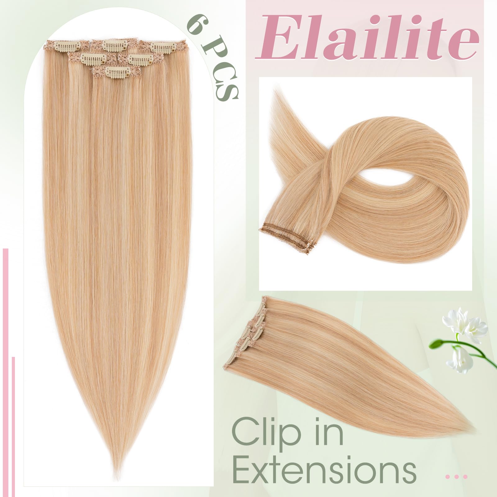 Elailite Echthaar Extensions Clip Balayage Silk Lace in Tressen 6Stücke Clip in Haarverlängerung Unsichtbar 40g 40cm für Volumen/Meches #18P613