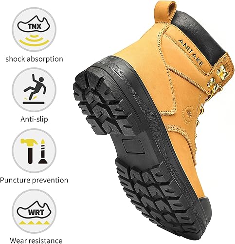 Miniatura 9 de ANITAKE Botas de trabajo con punta de acero para hombre, 6 pulgadas, cuero de grano completo, aislamiento eléctrico, antideslizantes, resistentes a