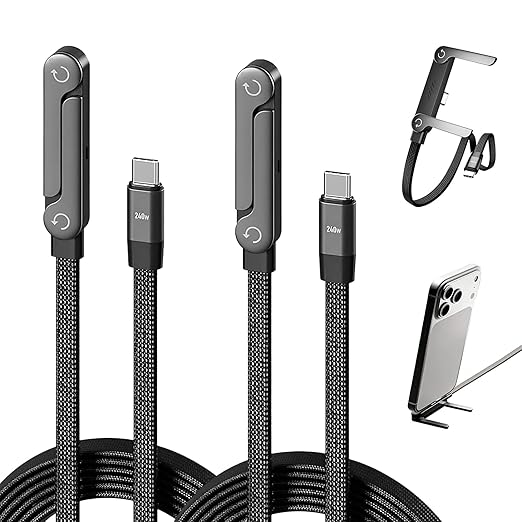 Pack of 2 2-in-1 Charging Cable with Stand, 240 W Charging Cable USB C, 1.5 m Fast Charging Cable, USB C Cable, Multiple Adjustable, for Smartphones, Tablets, Laptops