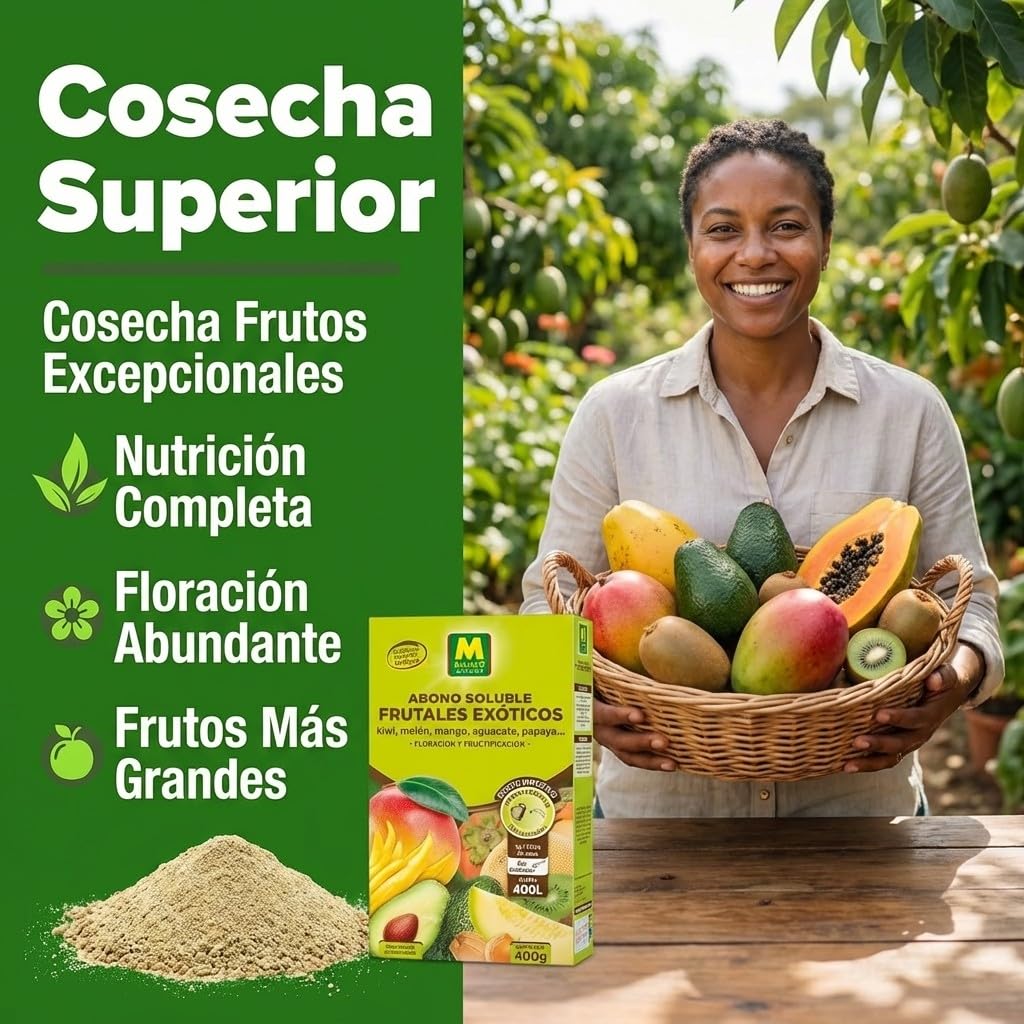 Abono Frutales Exóticos Soluble Ecológico 400 g | Fertilizante NPK 8-7-6 + Magnesio para Aguacate, Kiwi, Mango, Papaya, Kaki y Physalis | Máxima Floración y Frutos de Calidad ECO | Nexum Market