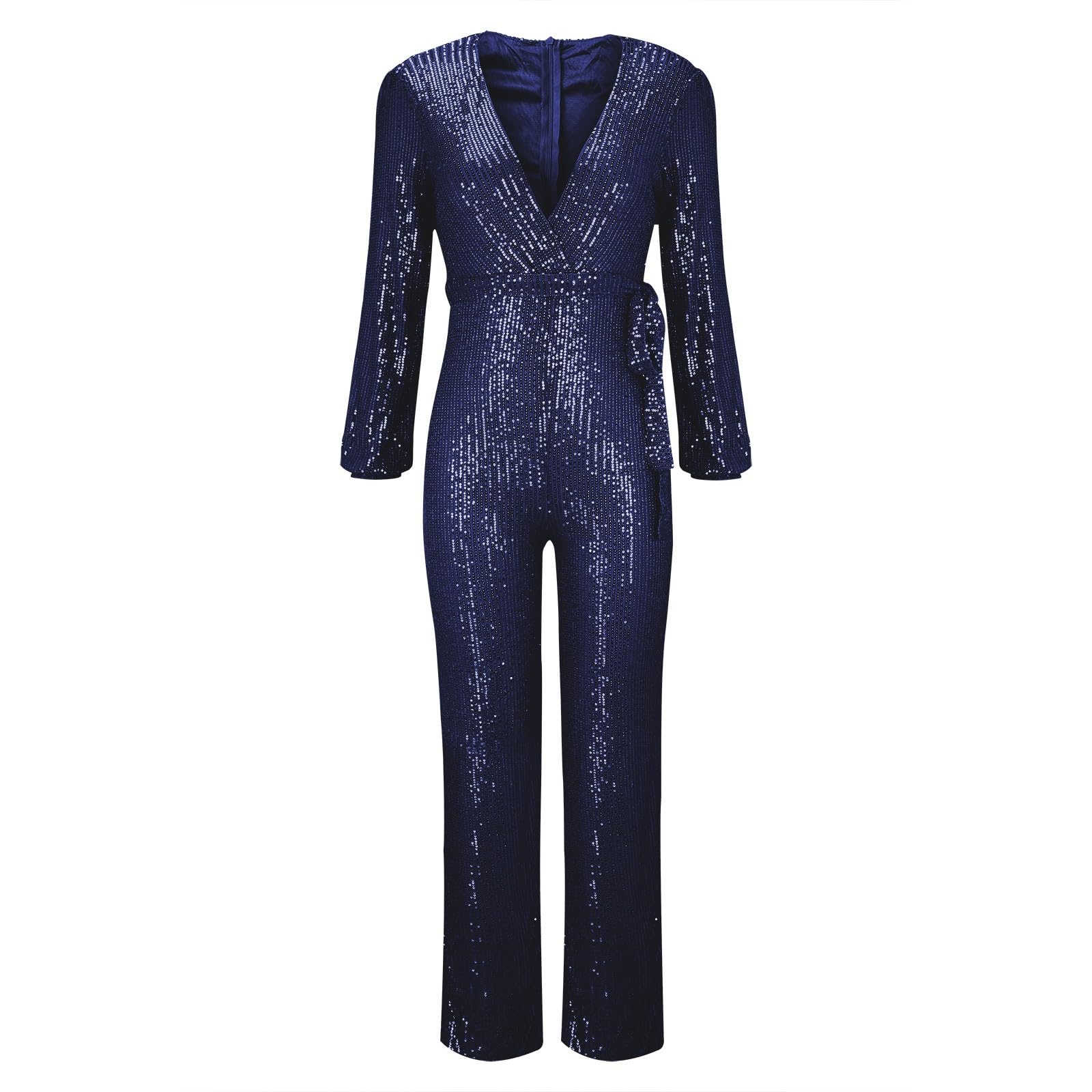 Combinaison à paillettes pour femme - Paillettes brillantes - Col en V - Manches longues - Barboteuse droite et large - Pantalon long, noir foncé, S