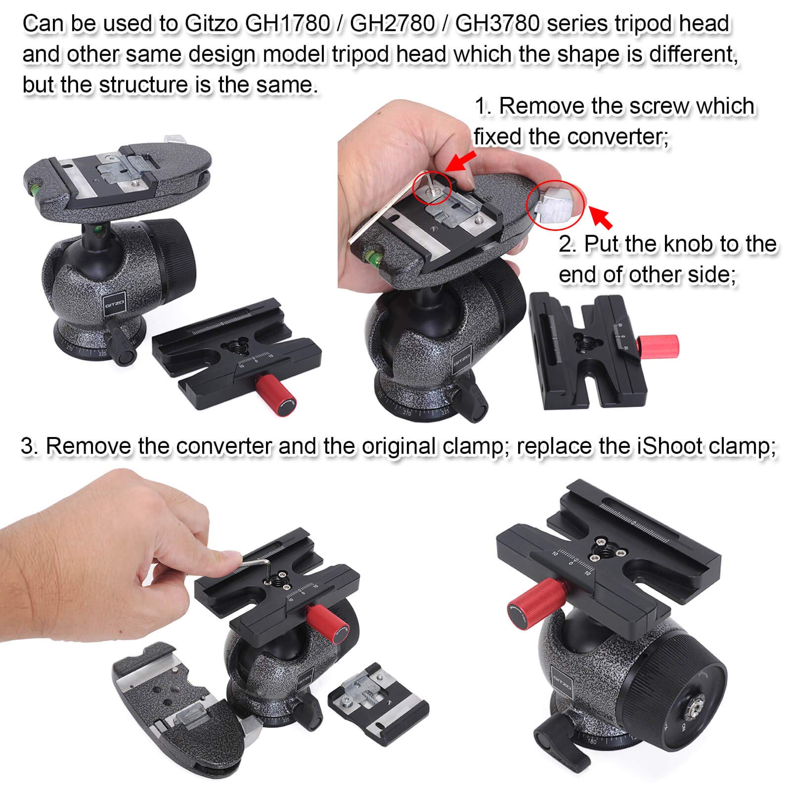 Adaptador de abrazadera de liberación rápida tipo Arca con perilla de palanca y agujero de tornillo de 3/8, compatible con cabezal de trípode estándar ARCA-SWISS y placa de liberación rápida,
