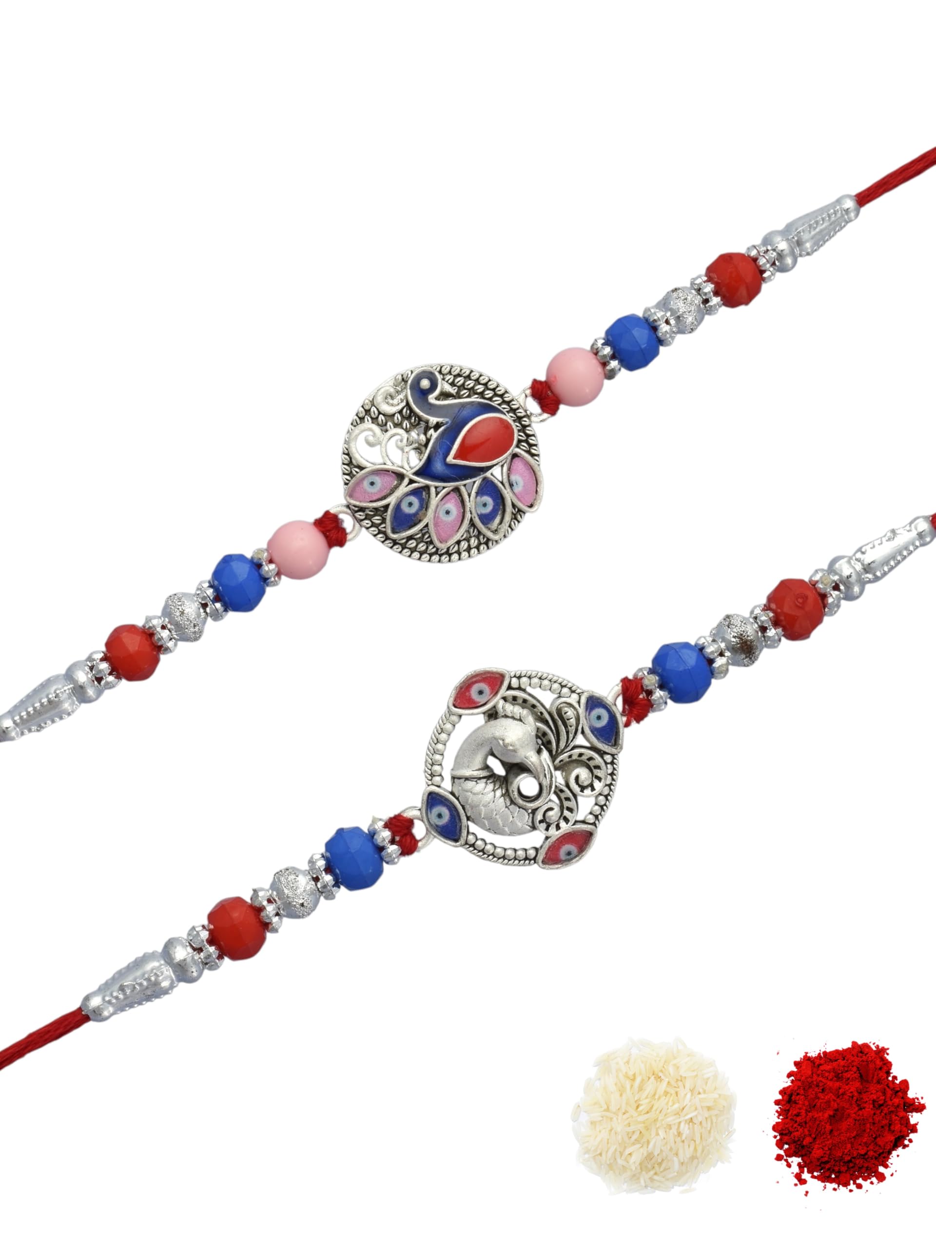 Premium Traditional Silver Plated Combo of 2 Cotton Thread Multi-coloured Beaded Festive Rakhi for Brother, Bhaiya, Bhai, Kids with Roli Chawal and Greeting Card for Raksha Bandhan-66-image-33