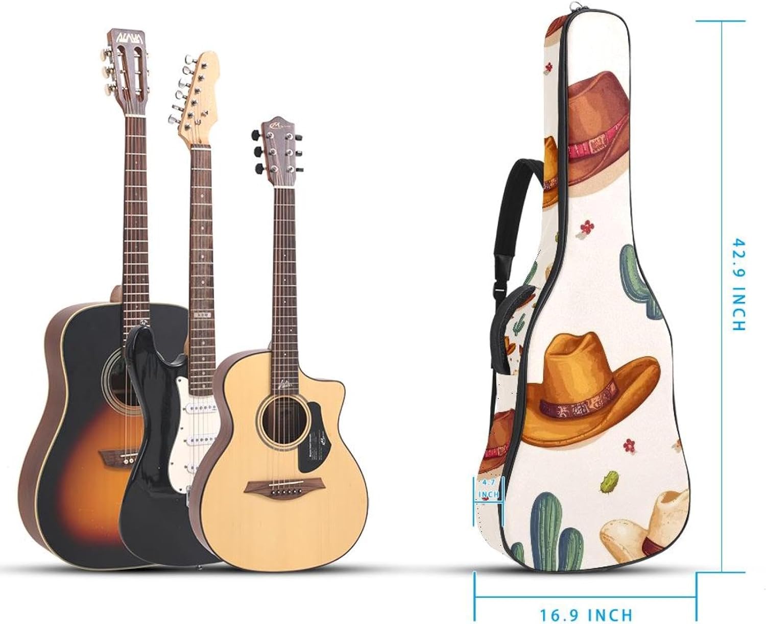 Acoustic Guitar Gig Bag 10mm Thick Padding, Soft Waterproof Guitar Case with Adjustable Backpack Straps for 40-42 Inch Guitar, Western Cowboy Hats with Cactus Seamless Pattern
