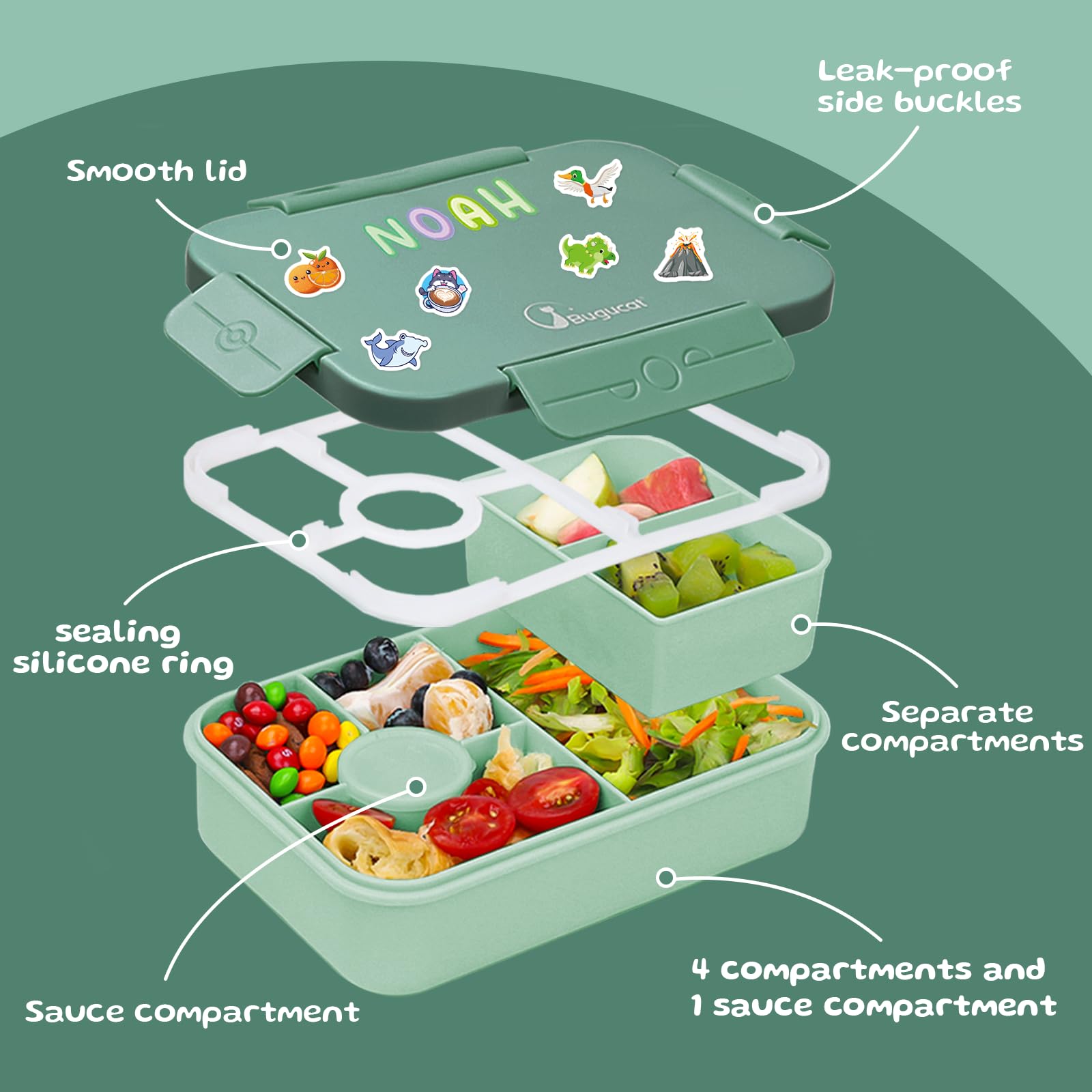 Bugucat Lonchera Bento de 1300 ml con 16 calcomanías, a prueba de fugas, con 4 compartimentos, cubiertos para niños y adultos, caja de aperitivos para escuela, jardín de infantes, oficina, color verde