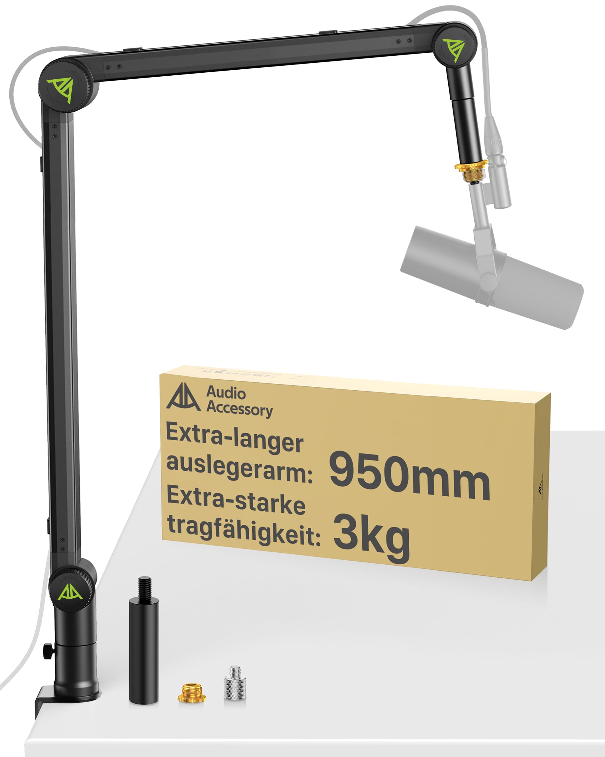 AA AUDIO ACCESSORY Passend für Shure SM7B, SM7dB & MV7 – Mikrofon-Arm ohne Durchhängen, 950 mm Reichweite, 3 kg Tragkraft, Zahnrad-Verriegelung Tischhalterung, kompatibel mit Blue Yeti, Rode & Co.