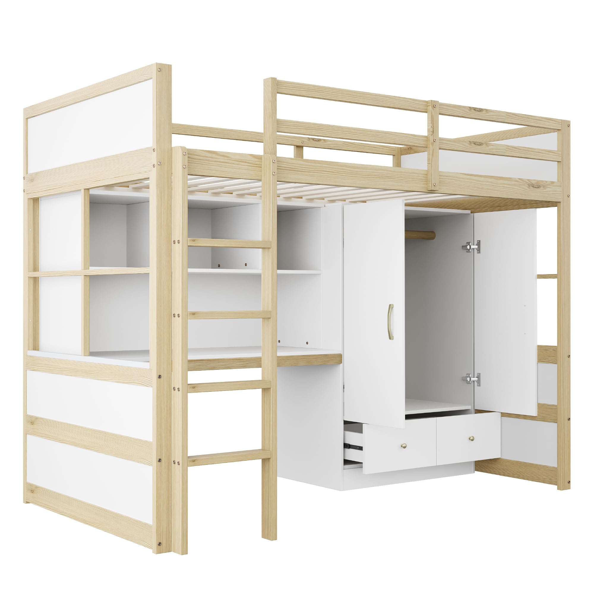 Letto a soppalco 90 x 200 cm – Con scaletta, scrivania con vani contenitore, armadio e cassetti – Letto per bambini/Letto per ragazzi/Letto singolo (I)