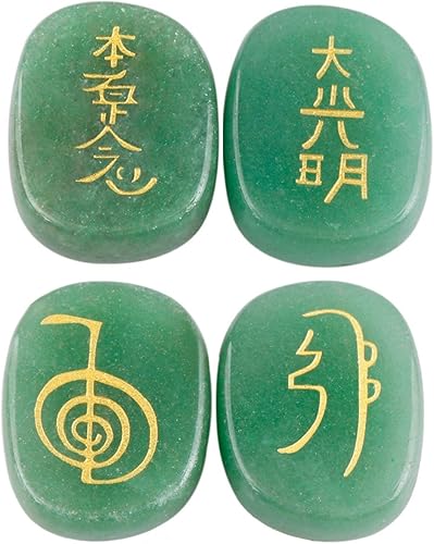 Miniatura 1 de mookaitedecor 4 piedras de aventurina verde grabadas con símbolos de chakra, piedras de palma pulidas para curación de cristales de Reiki