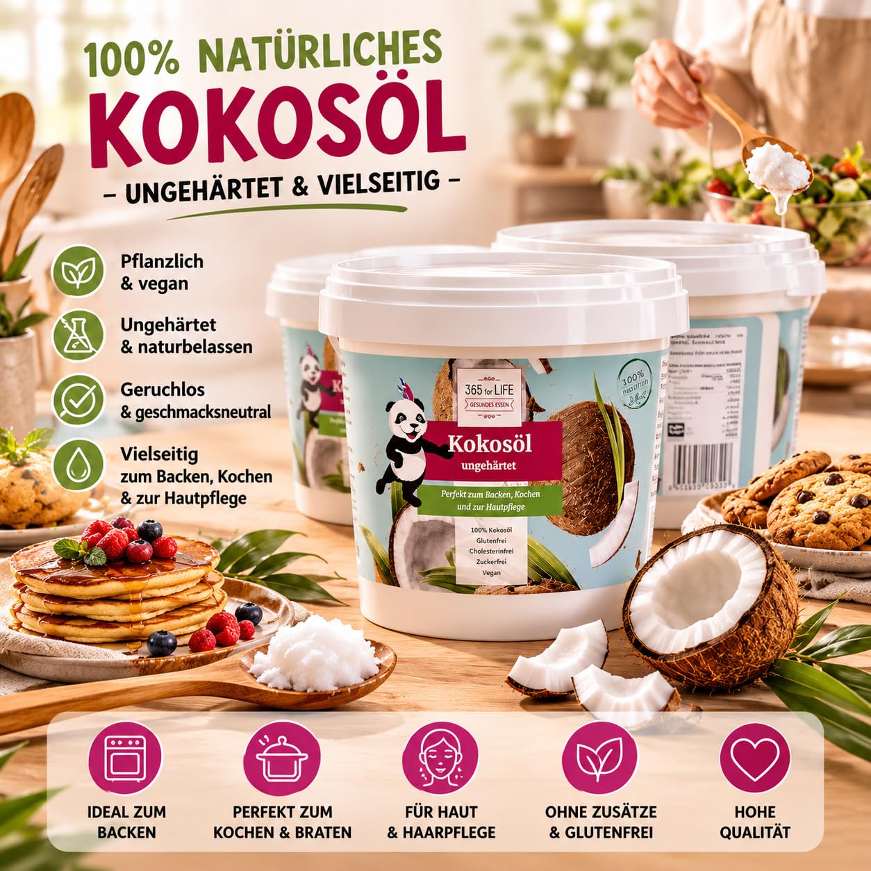 Kokosöl ungehärtet 3 x 1000 ml – 100% pflanzlich, geruchsneutral, glutenfrei, vegan – Ideal zum Backen, Kochen & Hautpflege