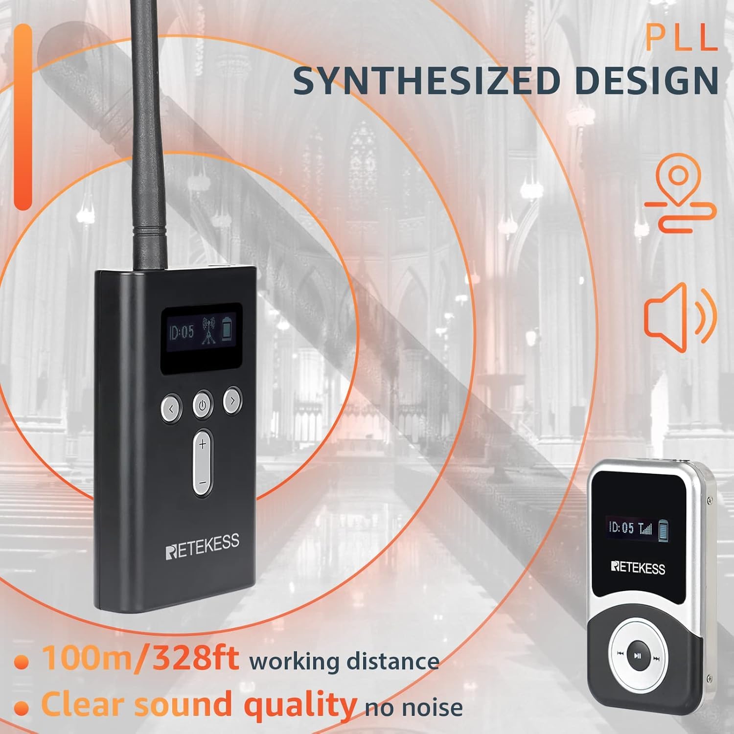 Retekess T130S (T130 2rd) Wireless Tour Guide System, Sistema di Guida Turistica, 100M, Operazione con un Clic, con Scatola di Ricarica da 64 slot, Fabbrica