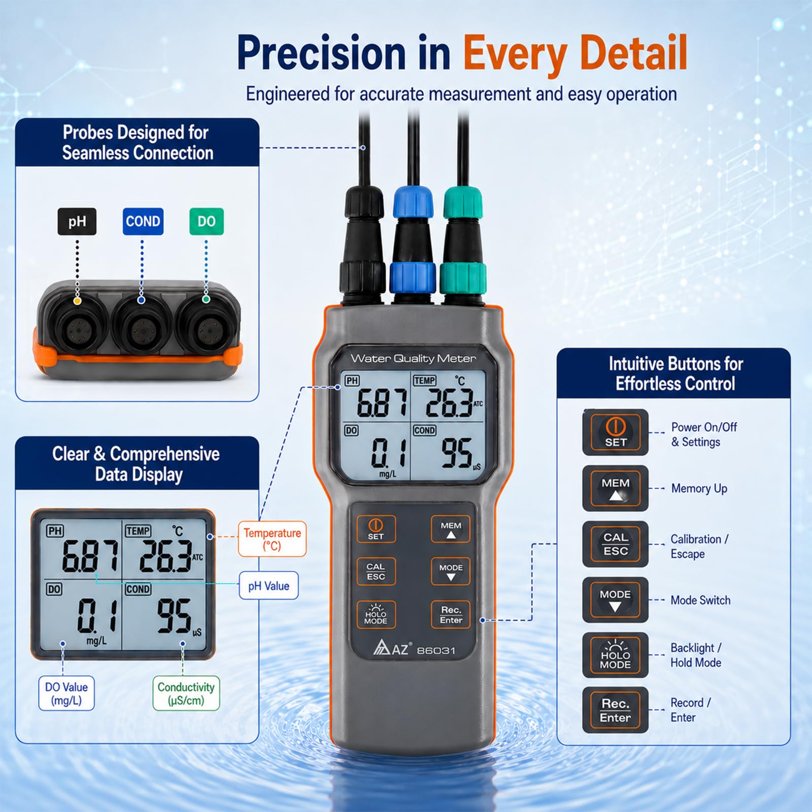 AZ-86031 - Medidor de calidad del agua 5 en 1, medidor de oxígeno disuelto, medidor de pH, conductividad y salinidad, medidor de temperatura AZ86031
