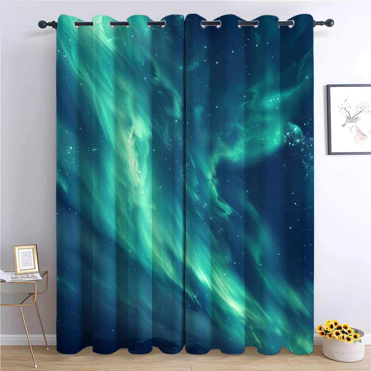 Zielone światła polarne zasłony zaciemniające, zestaw 2 sztuk, 220 x 215 cm (szer. x wys.), kolor Aurora, poliester, do sypialni, pokoju dziecięcego, salonu, dekoracja