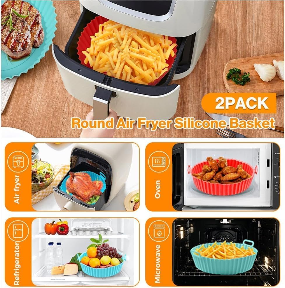 Image of Air Fryer Package - 6 Pack Air Fryer Liners & Accessories - 8.5 inch (5-9 Qt) Food Grade BPA-Free Reusable Silicone Baskets /Pots /Liners 9 Inch Tongs (RD PO2 with Tongs)