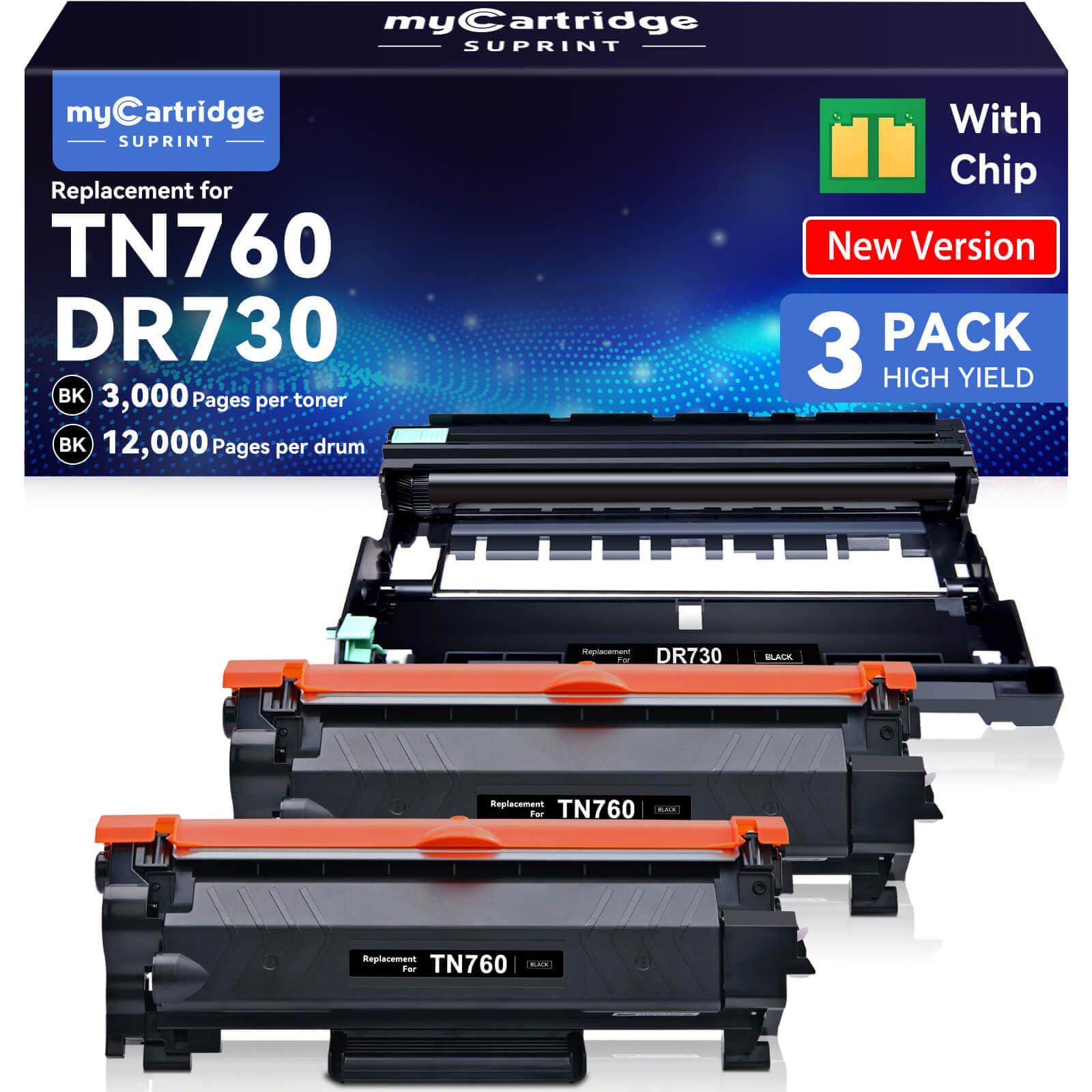 Photo 1 of Compatible TN760 Toner Cartridge and DR730 Drum Unit Replacement for Brother TN 760 TN-760 TN730 DR-730 to use with MFC-L2710DW MFC-L2750DW HL-L2370DW Printer (2 Toners 1 Drum, 3 Pack)