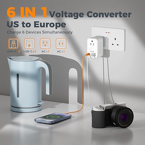 Miniatura 4 de TESSAN Convertidor de voltaje de 220 a 110 de EE. UU. a Europa, adaptador de corriente de viaje internacional con 4 puertos USB (2 USB C), 2