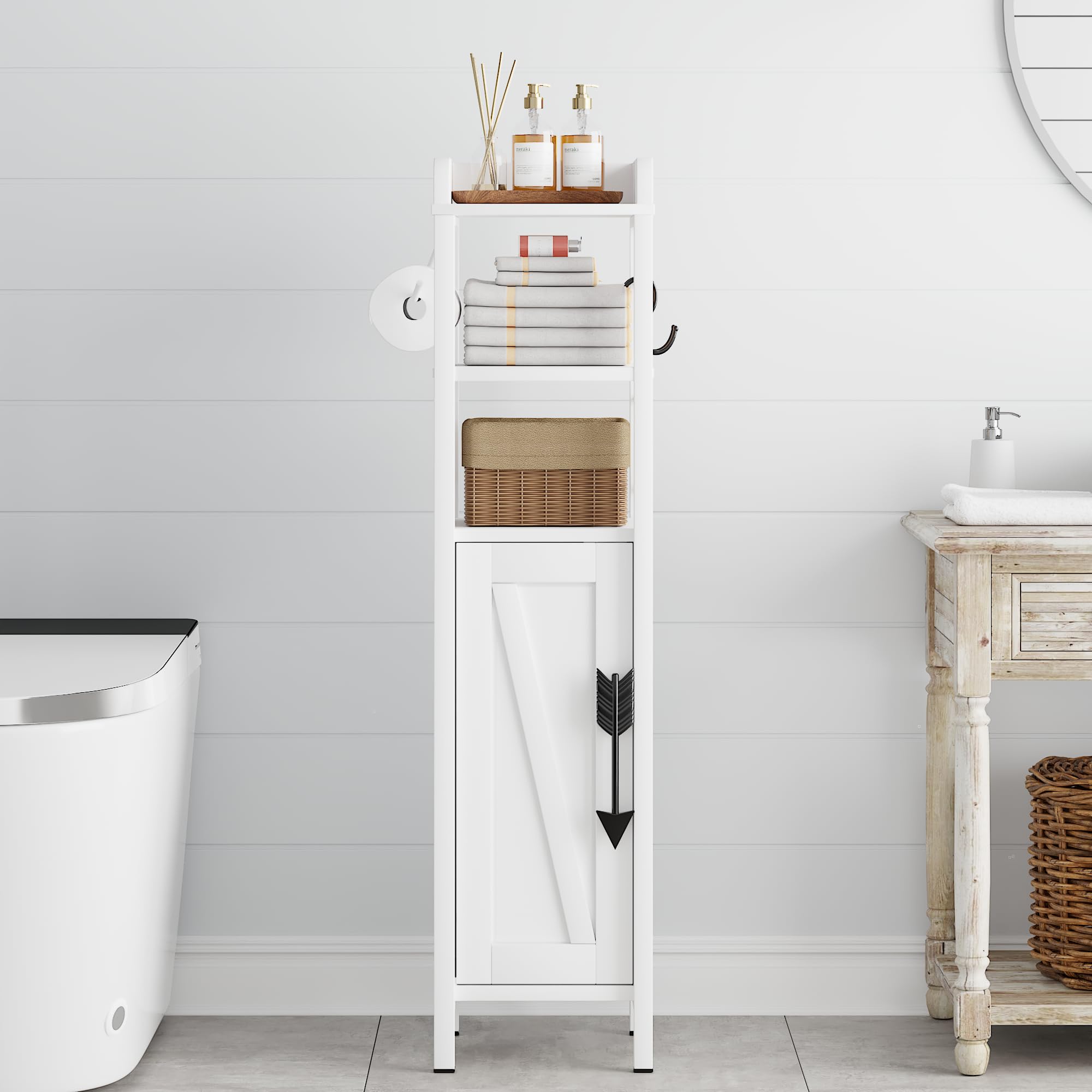 Small Bathroom Storage Cabinet with Shelves & Metal Racks, Slim Toilet Paper Holder, Bathroom Organizer Cabinet for Narrow Spaces, White, Farmhouse Style