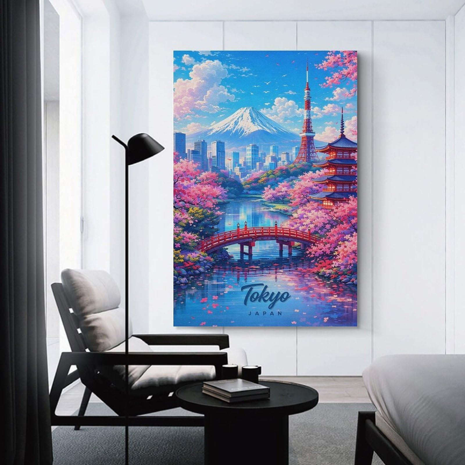 Junmoney Canvas Wall Art Tokyo Cityscape with Mount Fuji And Cherry Blossoms, 24x36inch(60x90cm), for Bedroom, Guest Room Or Reading Nook, Canvas Wall Decor for Personal Spaces