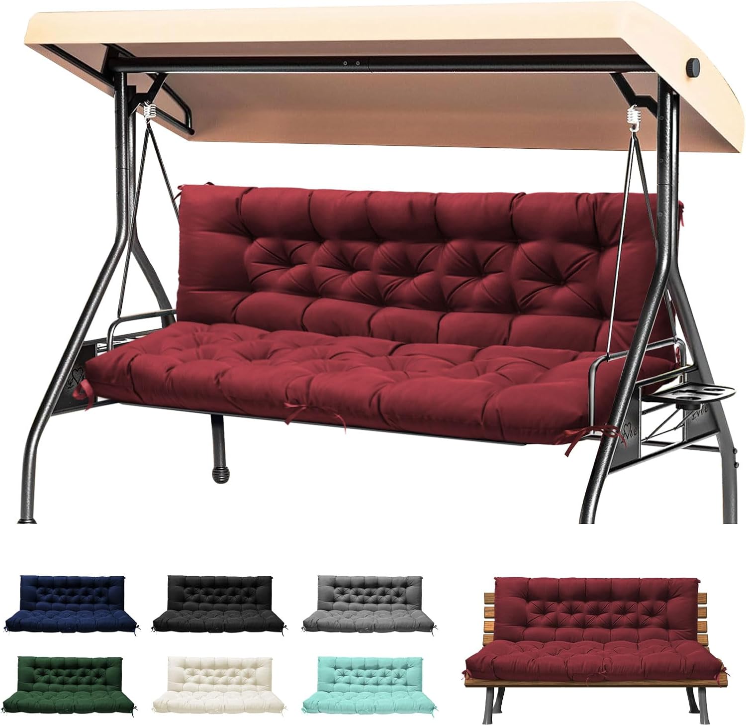 Porch Swing Cushions, Waterproof Swing Cushions Replacement with Backrest, Outdoor Swing Bench Cushions 2-3 Seater Replacement for Patio Furniture 60x40 (Red) Red 60''×40''