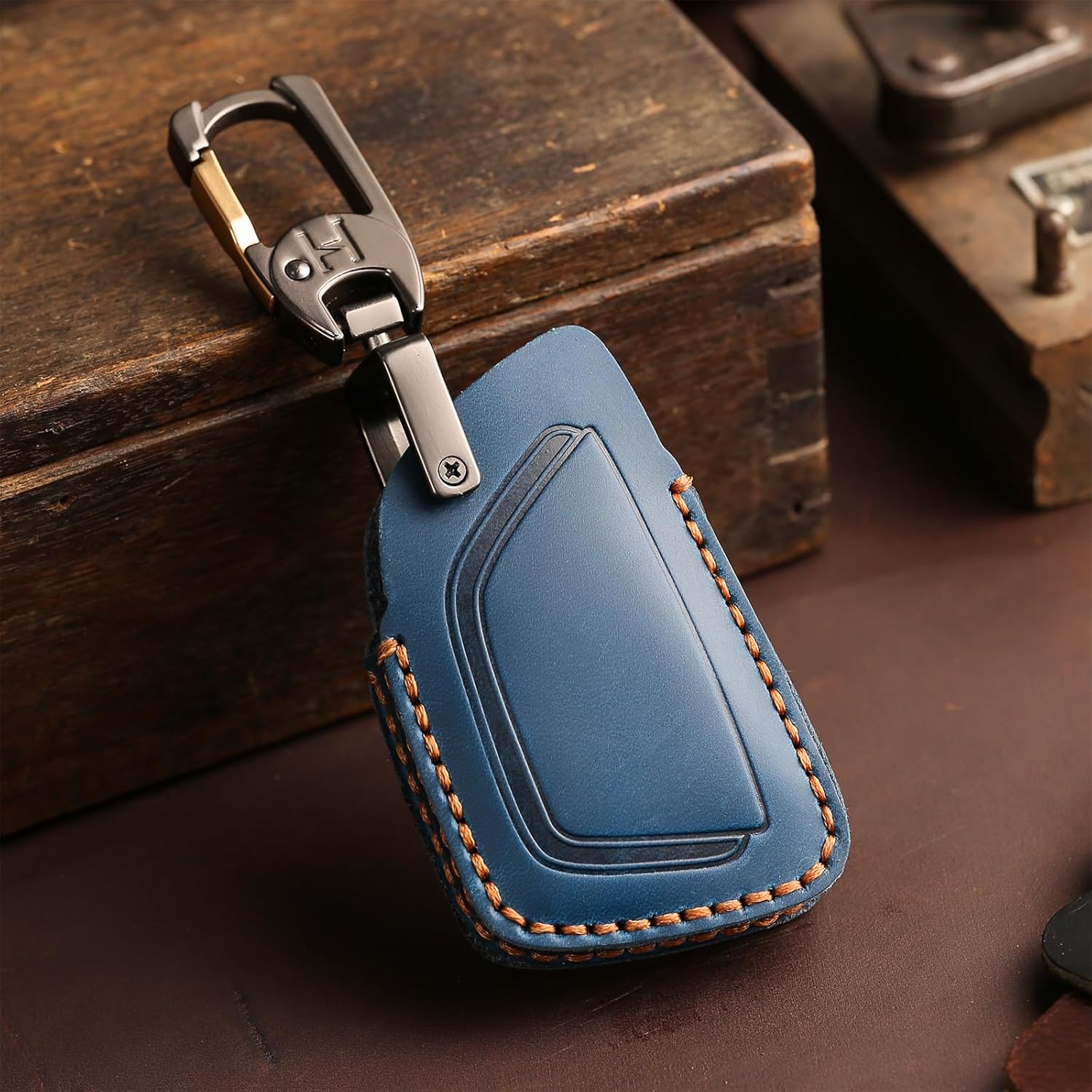 OLLEN Genuine Leather Key Fob Cover 2021-2026, Fit for GMC Yukon Denali Sierra Chevy Silverado Suburban Tahoe Buick etc, Leather Smart Remote Key Protector, 5 Buttons, Blue