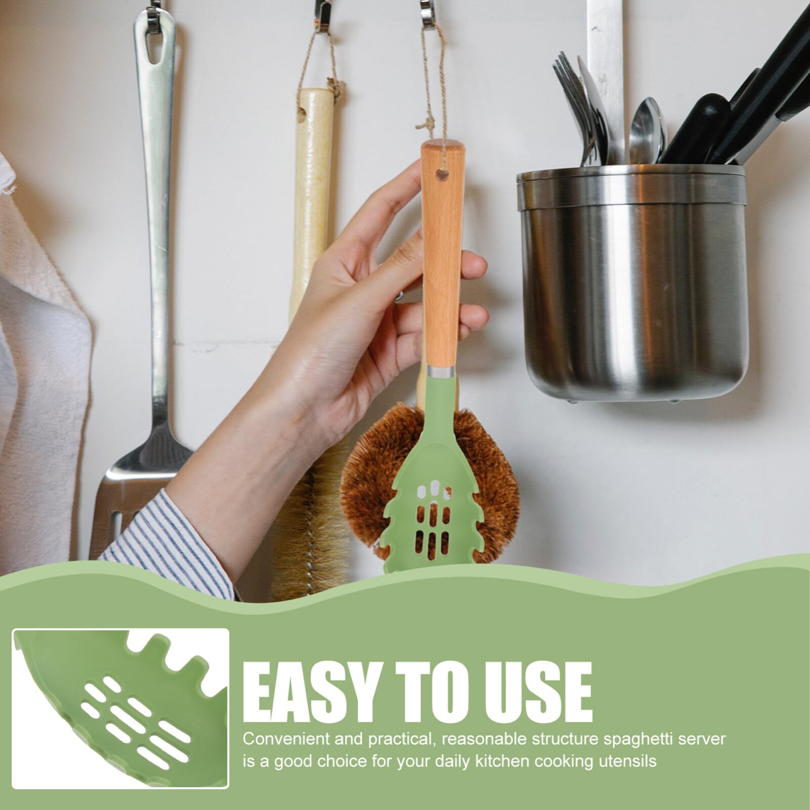 Kichvoe Cucchiaio per spaghetti, in silicone, con manico in legno, per spaghetti, mestolo, per cucina, casa, ristorante