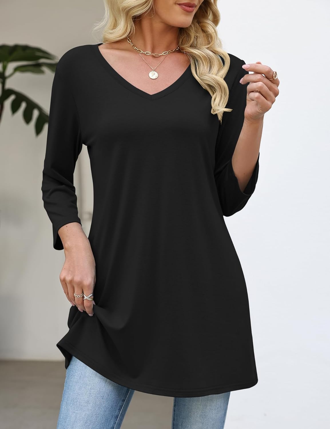 Rapbin Tunic Tops for Women Loose Fit Dressy 3/4 Sleeve V Neck T Shirts Spring Tops for Women 2026 - Image 3