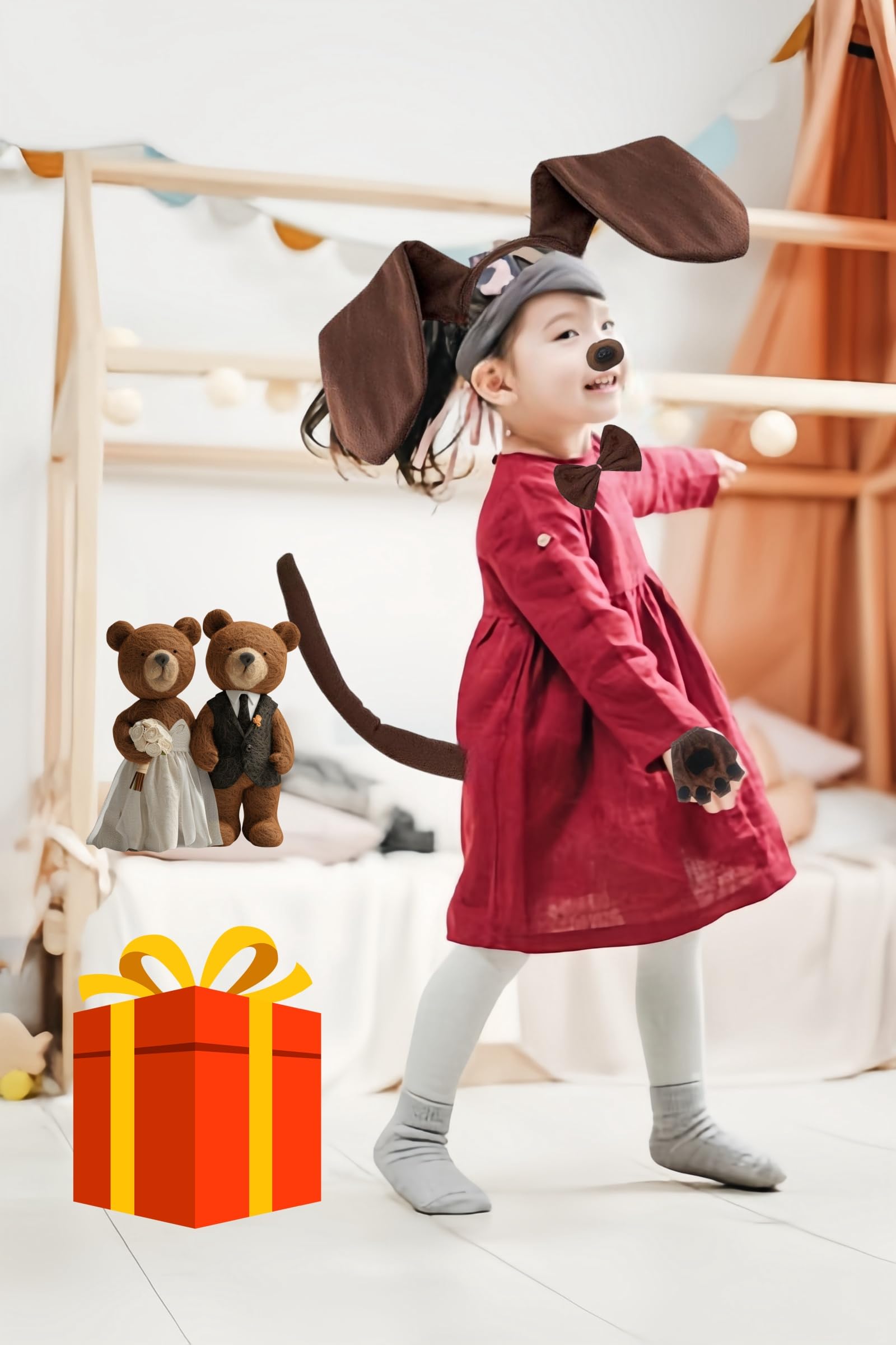 XNIVUIS Déguisement Chien – Costume Complet Avec Oreilles, Queue, Nez, Nœud Papillon Et Jupe – Marron – Enfants Et Adultes