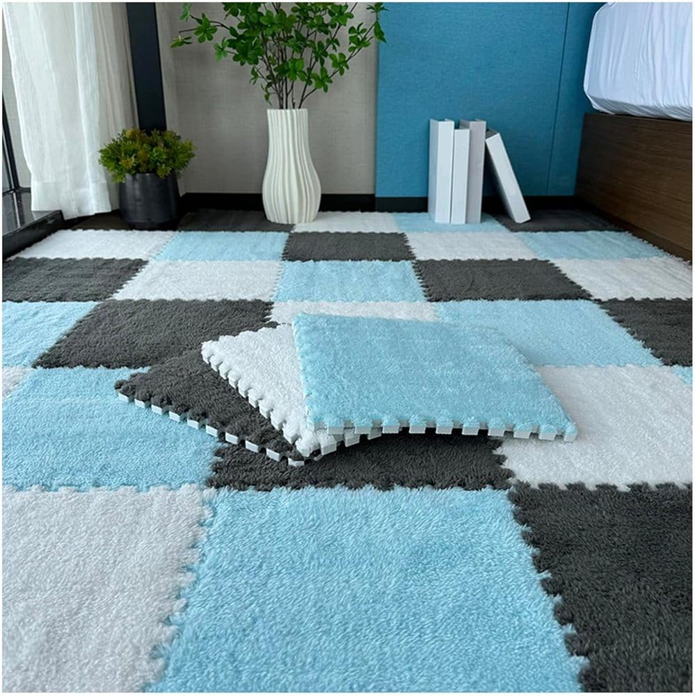piankowa mata do zabawy, Płytki dywanowe z blokadą, zestaw 12 sztuk, wielokolorowe, 12x12 cali(Blue+white+gray)
