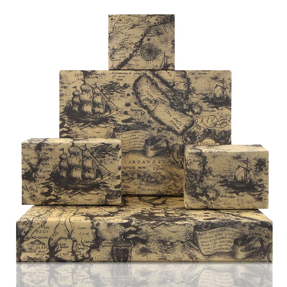 Vintage Antique Ancient Retro Black Mysterious Ocean Sea Far East World Old Map Sailing Boat Nautical Brown Kraft Wrapping Paper Folded Flat 4 Sheets 50x70cm For Traveller Hanukka Pirates
