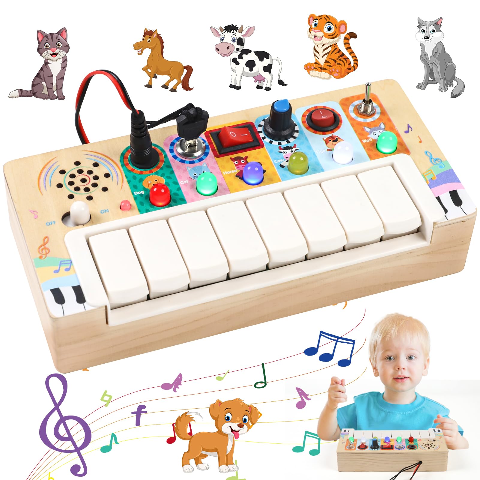 Juguetes Montessori 1 Años, Tablero Musical de Actividades Montessori de Madera con Piano y Sonidos de Animales, Juguete Sensorial Busy Board para Niños Niñas de 1 2 3 años, Regalo Cumpleaños Navidad