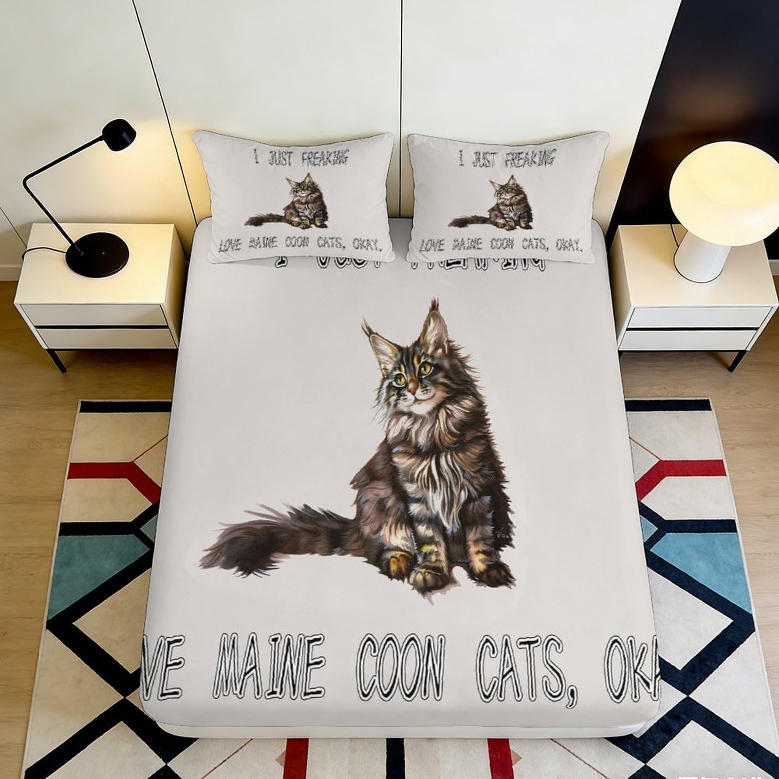3D Printed Maine Coon Cat Fitted Sheet Microfiber Soft Anti-Slip Tabby Bed Sheet for Bedroom Guest Room Decor 90x200x25cm