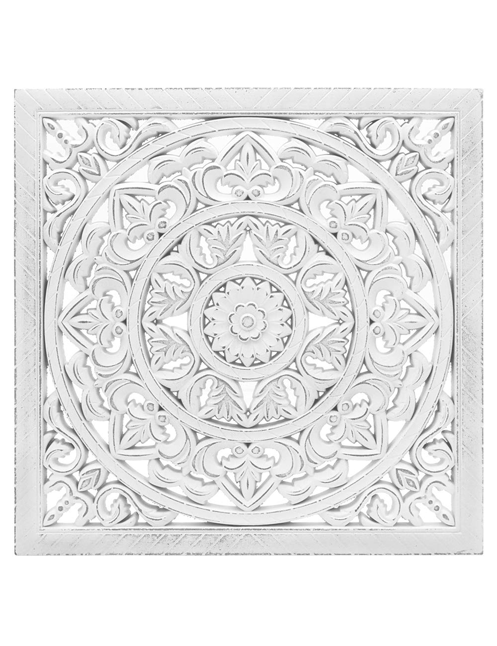 SUMGAR Cuadro de pared 3D de madera blanca en relieve, decoración de pared hueca Mandala Boho Marruecos, cuadrado decoración de pared, decoración Shabby Ornament Bohemia, 40 x 40 cm