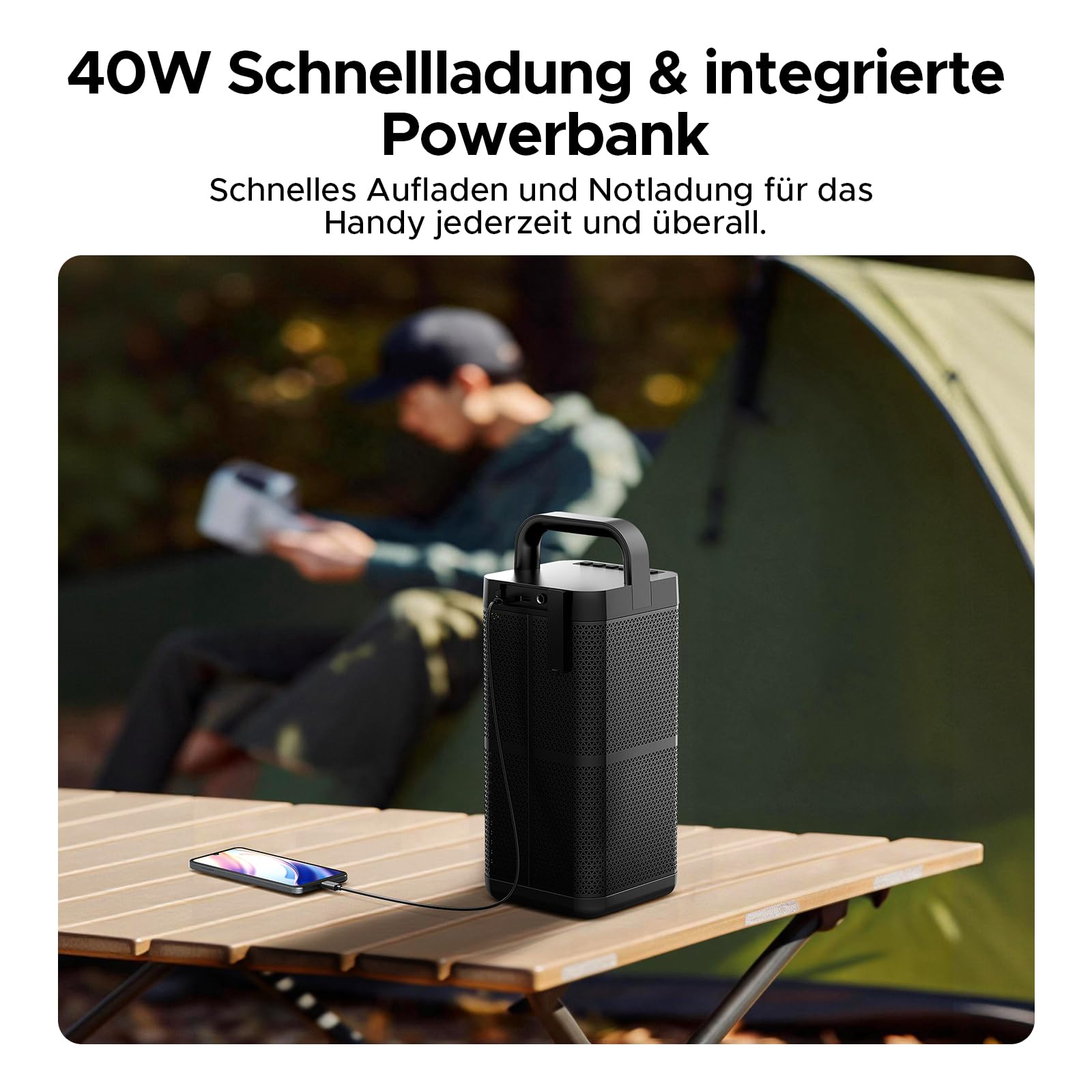Tragbarer Lautsprecher mit 2.1 Stereoklang, 130W Outdoor Lautsprecher BT 6.0 mit Integrierte Powerbank 40W Schnellladen, IP66, 13Std Akku, TWS-Verbindung Lautsprecher mit Tragegriff, Schwarz