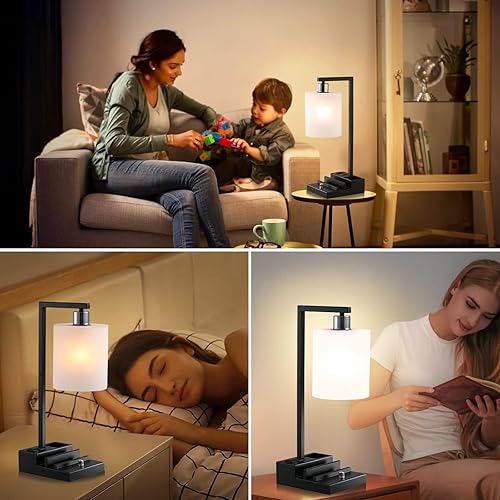Miniatura 6 de Lámpara de mesita de noche regulable con puertos USB dobles y salida de CA, brillo y temperatura de color ajustables, soporte para teléfono y base