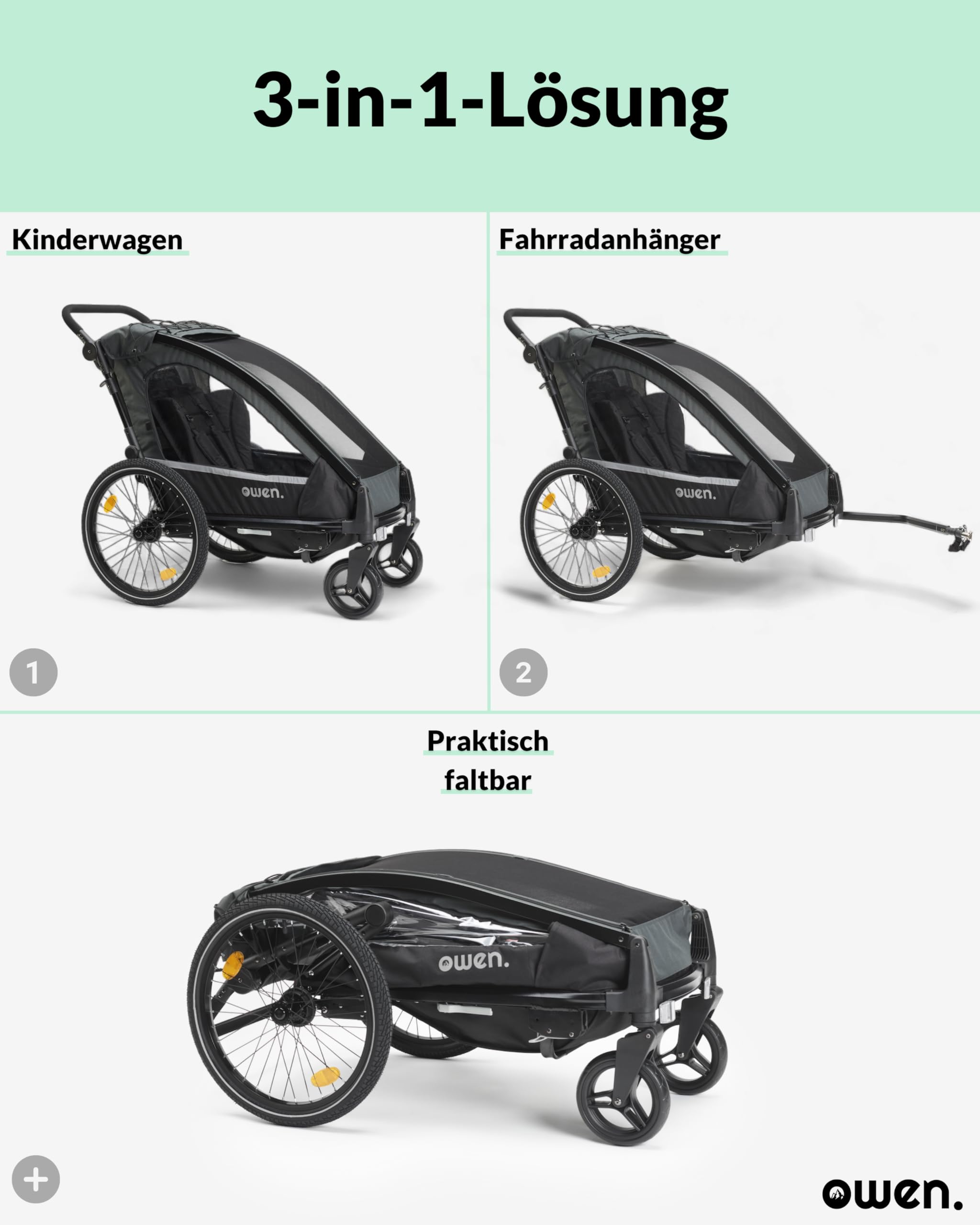 Owen Kinderanhänger | 2-in-1 Kit Fahrradanhänger 1 Kind | 5-Punkt-Gurt | 15,5 kg Fahrrad Anhänger | Kinderwagen mit Fahrradverbindungsarm | Inklusive Regen- und Sonnenschutz