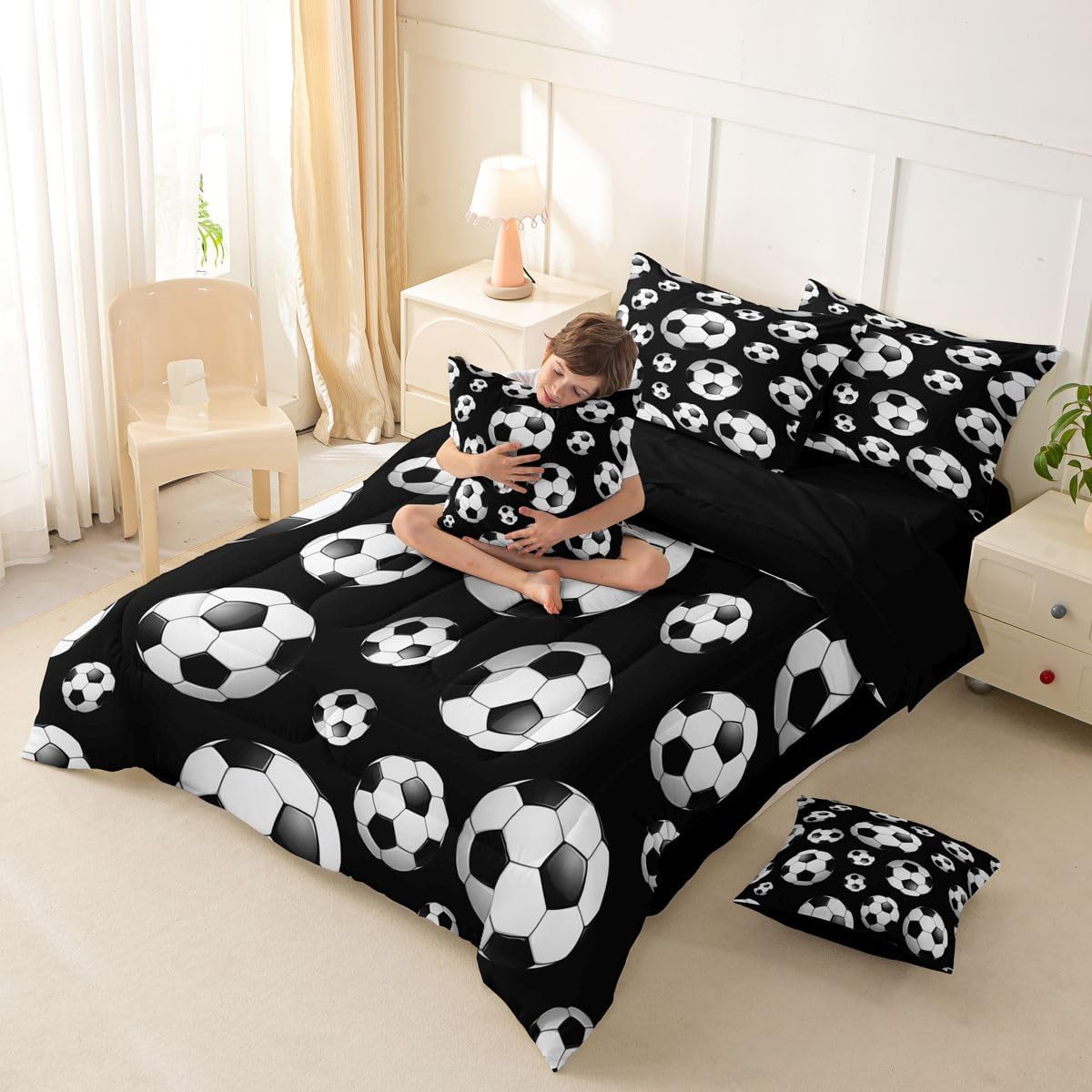 Feelyou Football Soccer 7 Piece Bedding Set Soccer Ball Game Comforter Set with Sheets for Kids Boys Girls Black White Bed in a Bag Gift for Football Lover Bed Set Soft Lightweight