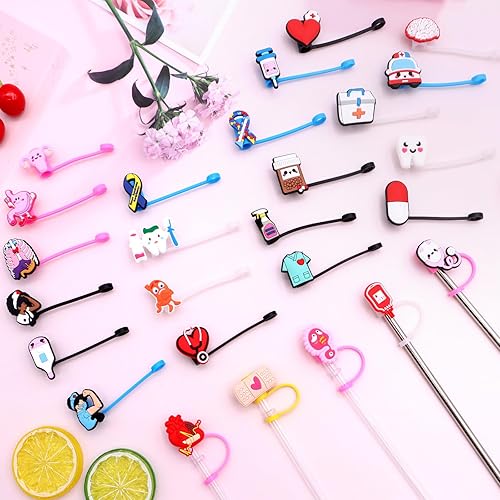 Miniatura 6 de ZYNERY 26 fundas de popote de silicona, con temática de enfermera, antipolvo, reutilizables, para regalos de fiesta de médico, enfermera, 26 unidades