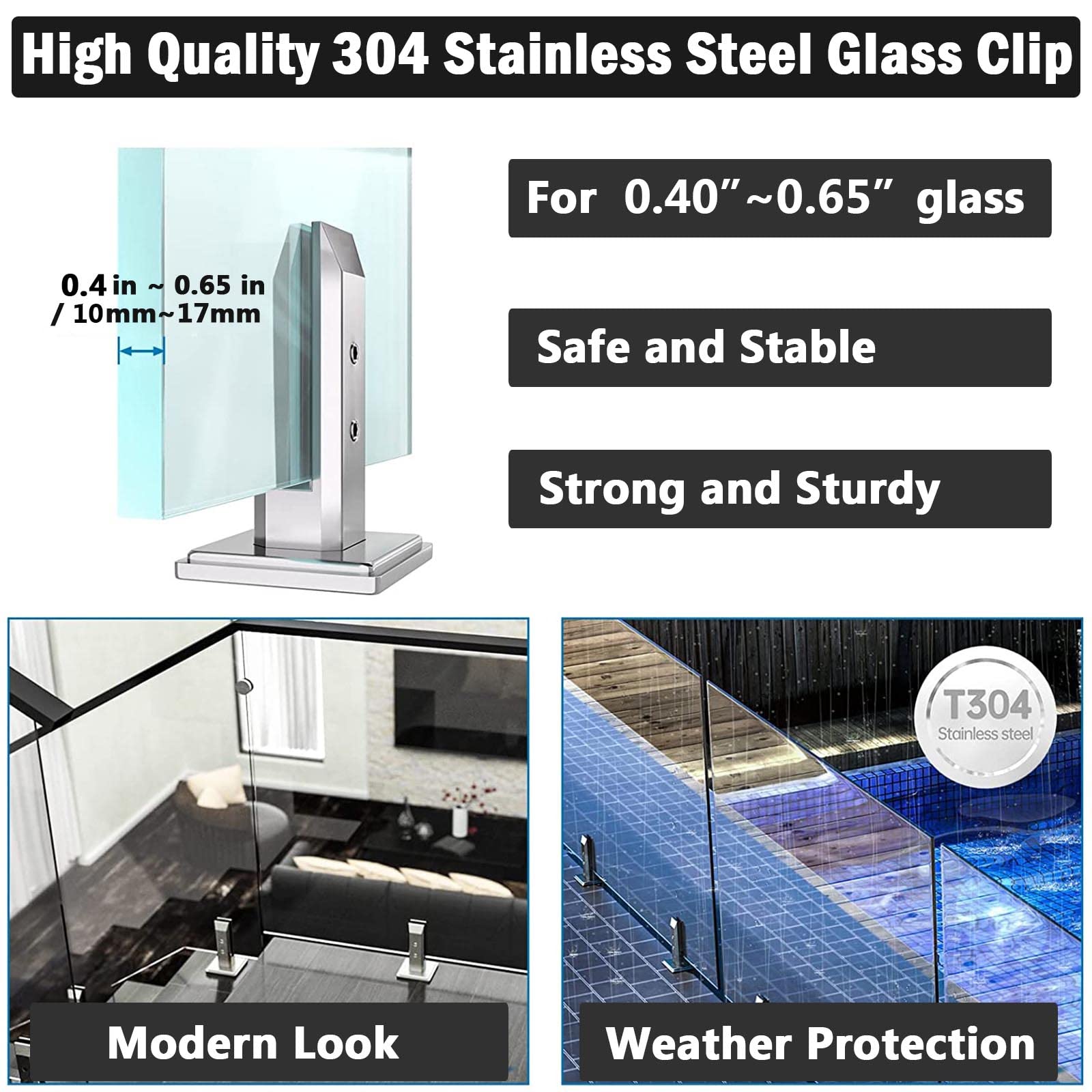 Morsetti regolabili in acciaio inox per vetro spesso 10 16 mm, supporto resistente per balconi, balconi, piscine e scale, 1 pezzo, 200 mm