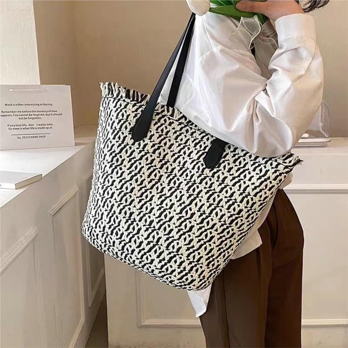 Bolso de Paja Los Bolsos Grandes De La Paja para Las Mujeres Hacen Punto El Bolso Playa Bolsa Asas Mujer(Black)