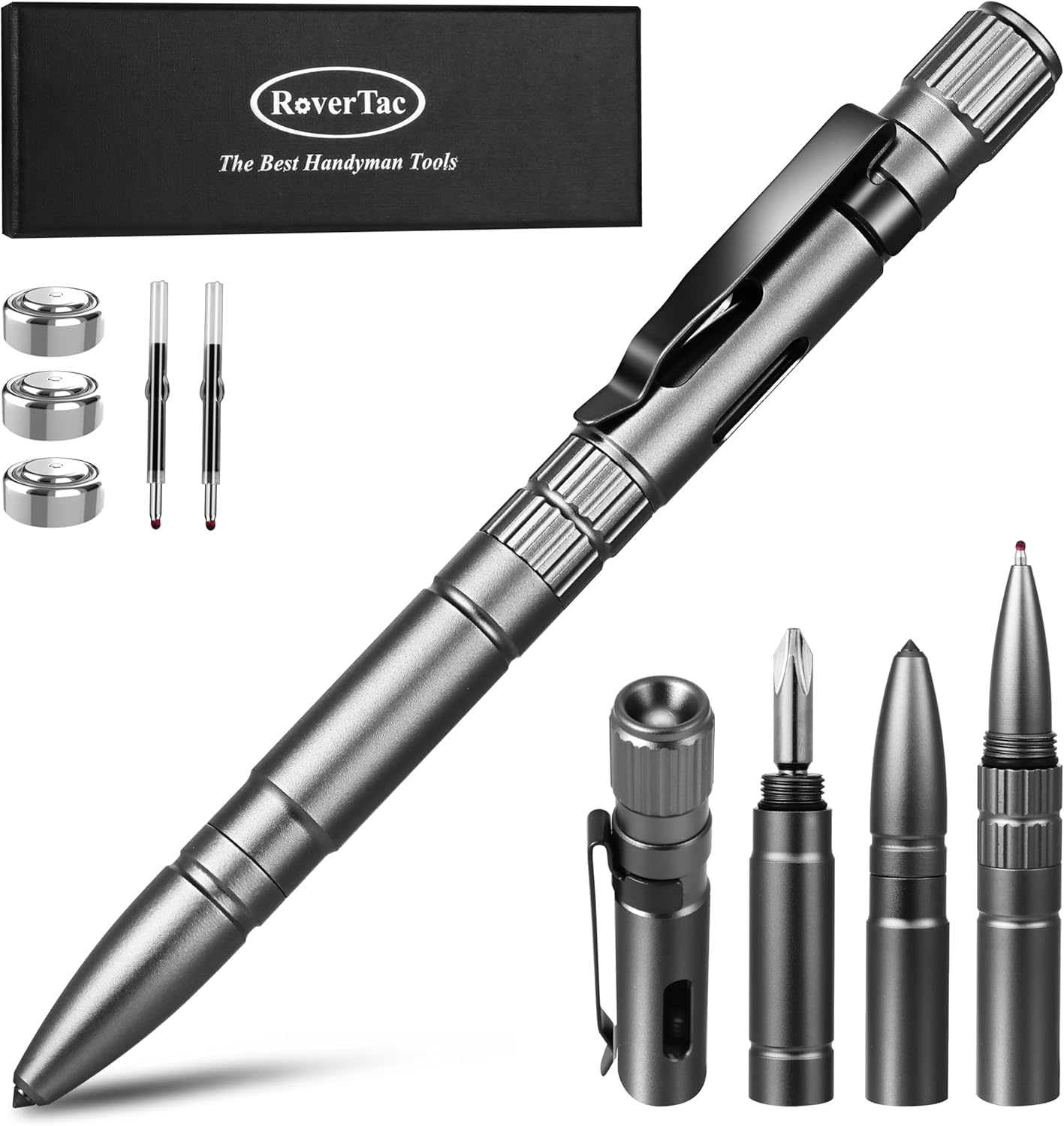 RoverTac 5-in-1 Multitool Pen with LED Light, Glass Breaker, Whistle & Screwdriver, Extra Batteries & Ink Refills, Premium Gift Box – Best EDC Tool Gift for Men, Dads, Husbands & Handymen
