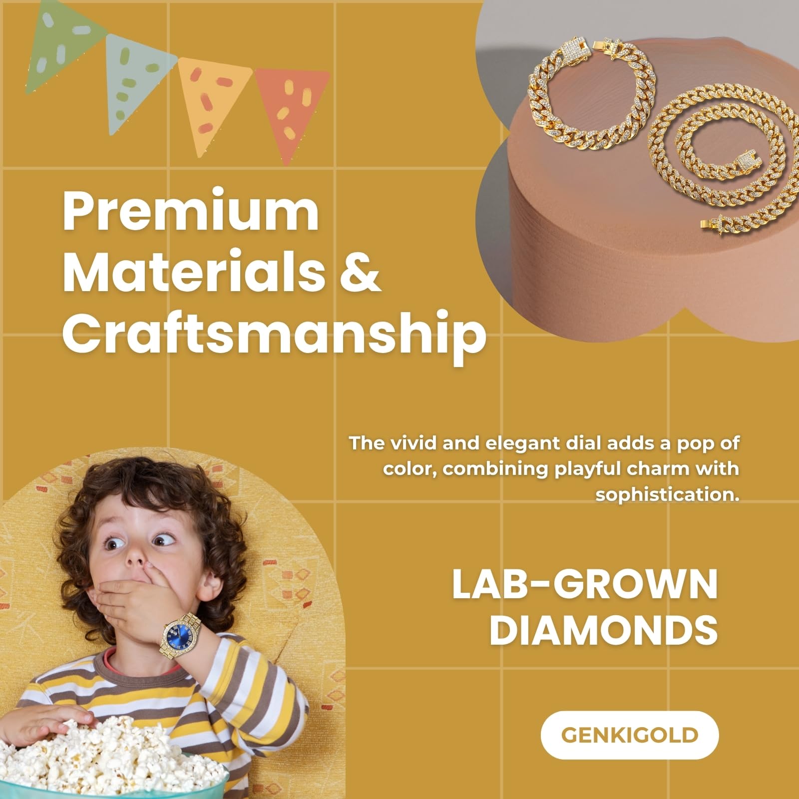 Diamantuhr für Teenager Jungen – 42mm Römische Ziffern Rundes Zifferblatt in 3 Farben – 18K Echtgold/Platin Plattiert 20cm Armband – Inkl. Einstellwerkzeug, Kombinierbar mit Cuban-Kette